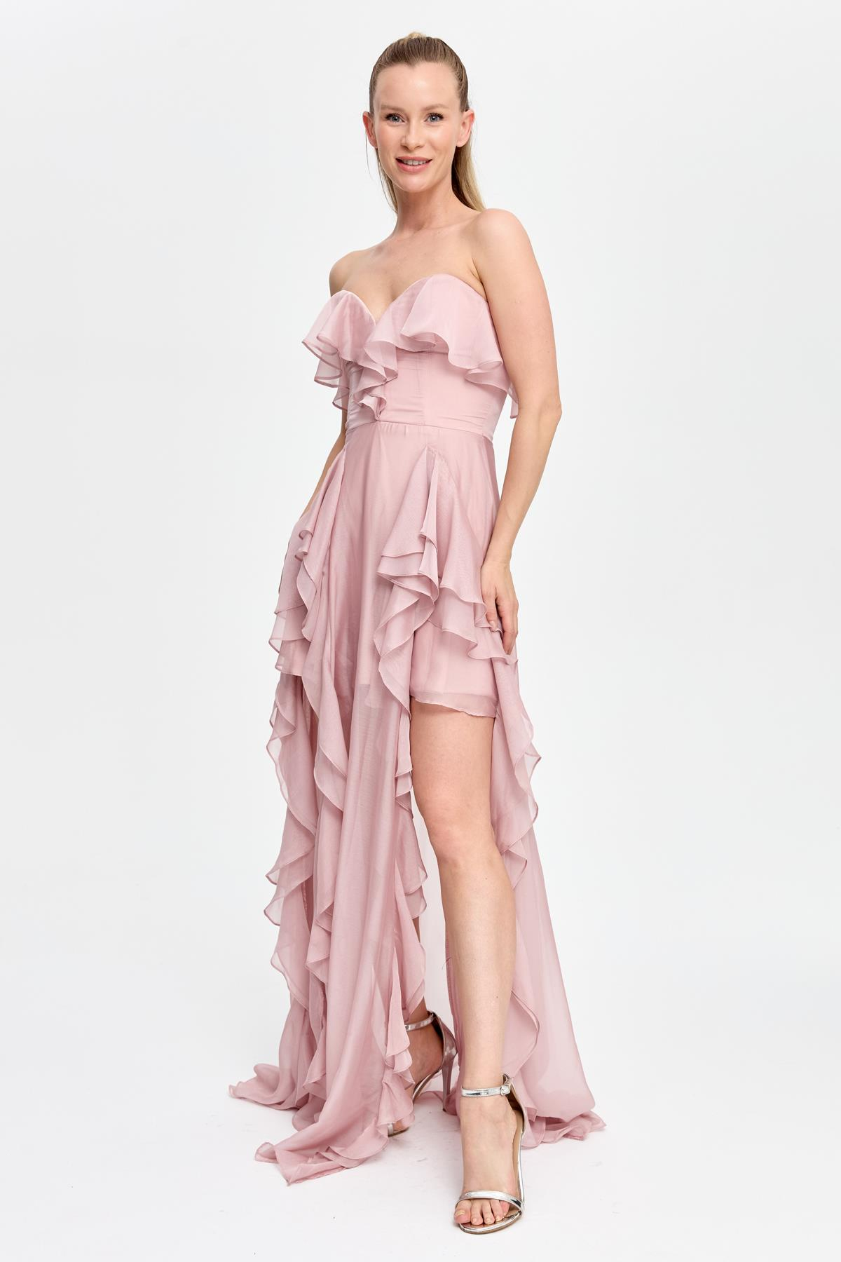Straplez Yaka Volan Detaylı Uzun Abiye - PUDRA
