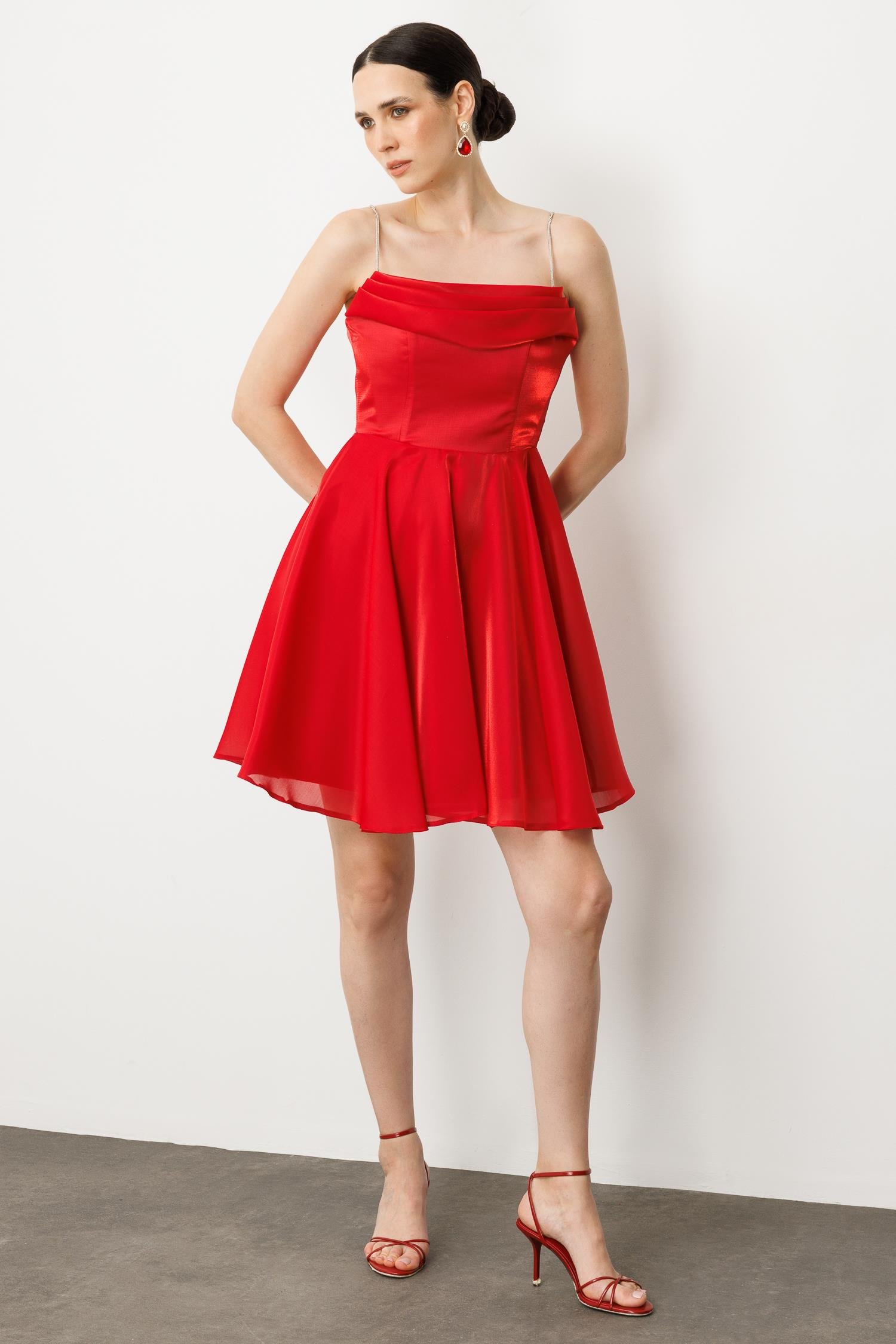 Taş Askı Kısa Abiye Elbise-KIRMIZI