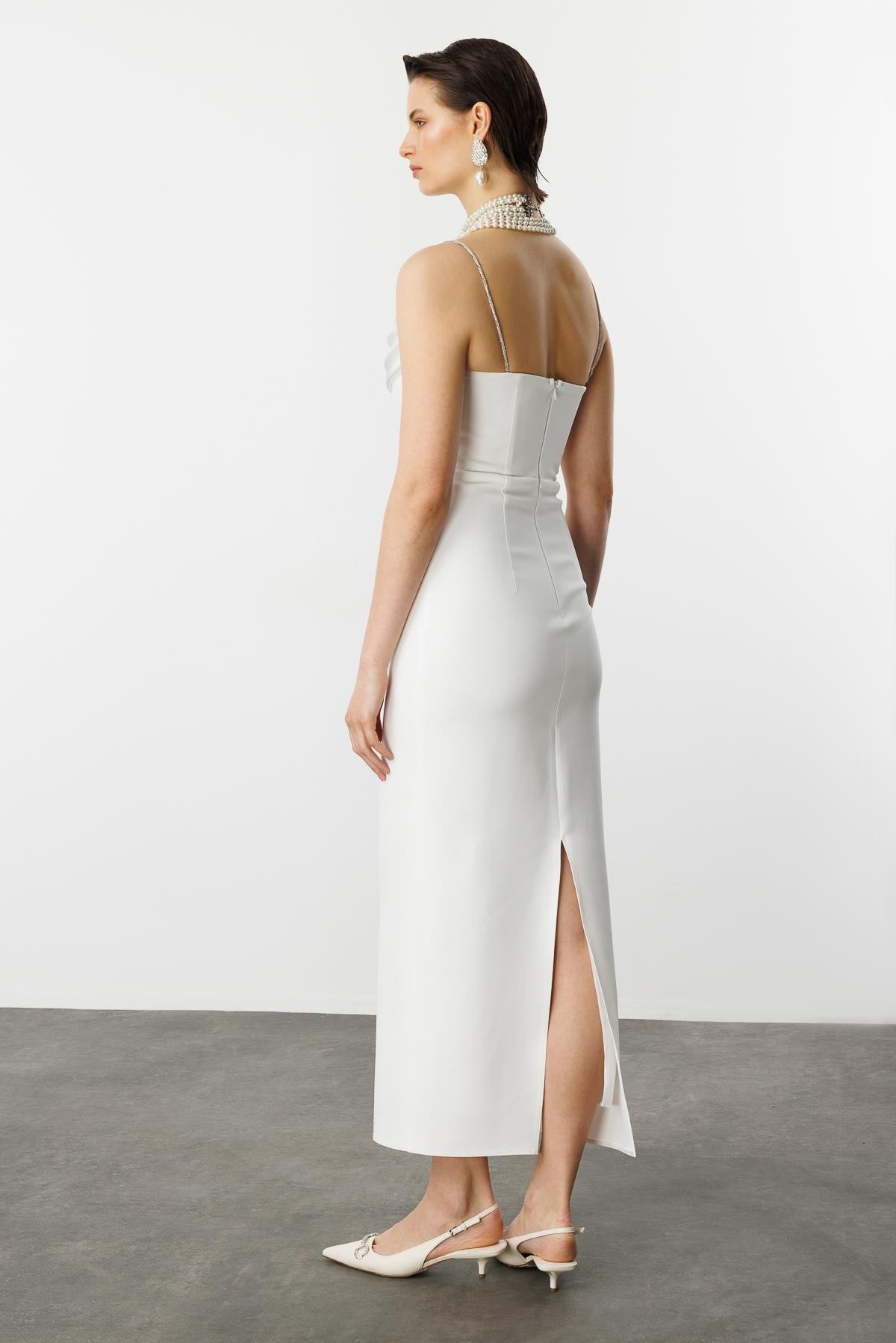 Taş Askı Yırtmaç Detay Abiye Elbise-BEYAZ