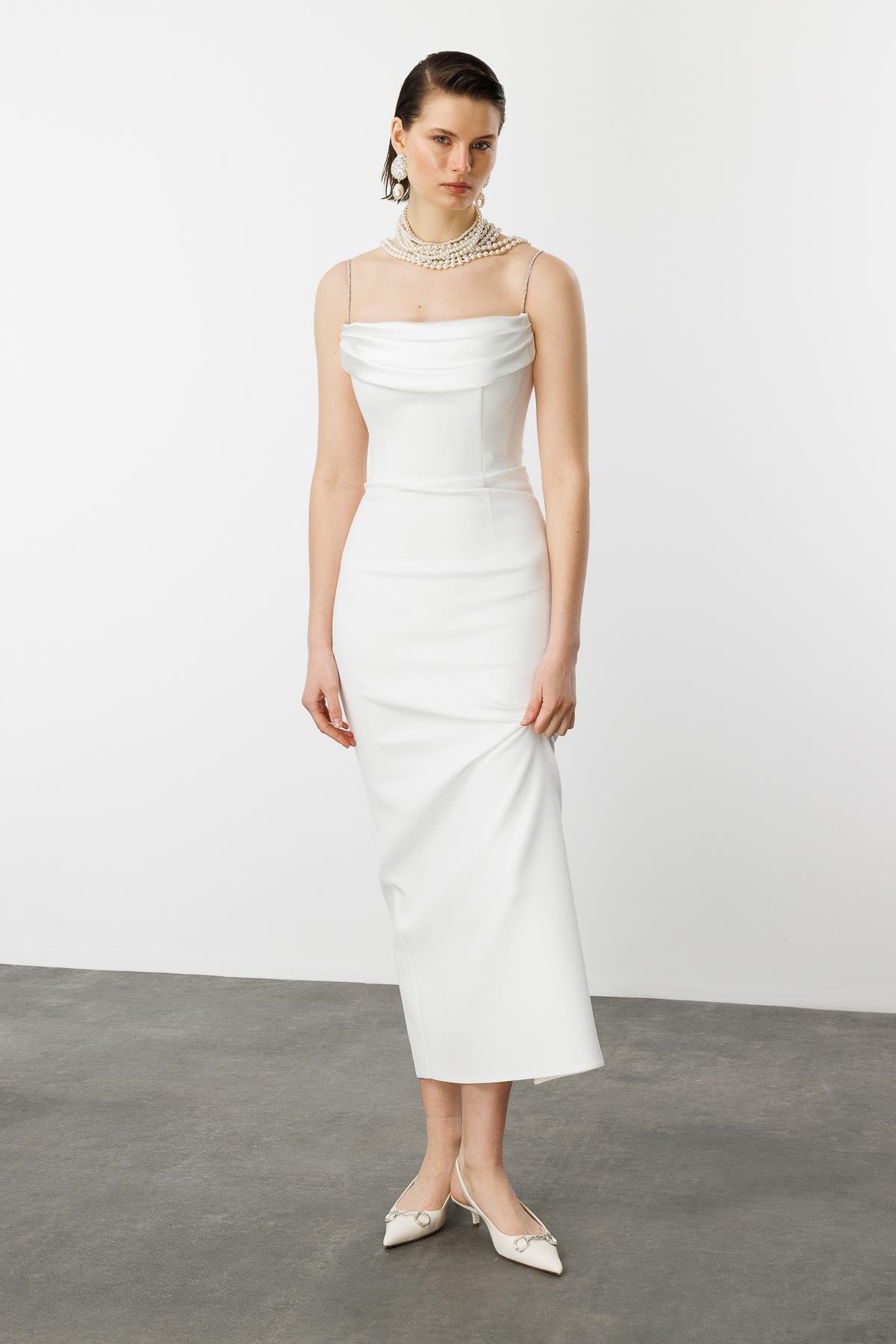 Taş Askı Yırtmaç Detay Abiye Elbise-BEYAZ