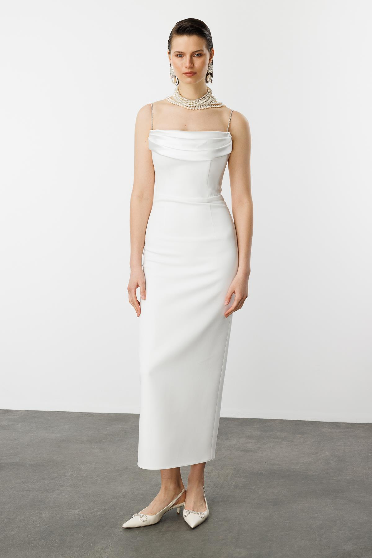 Taş Askı Yırtmaç Detay Abiye Elbise-BEYAZ