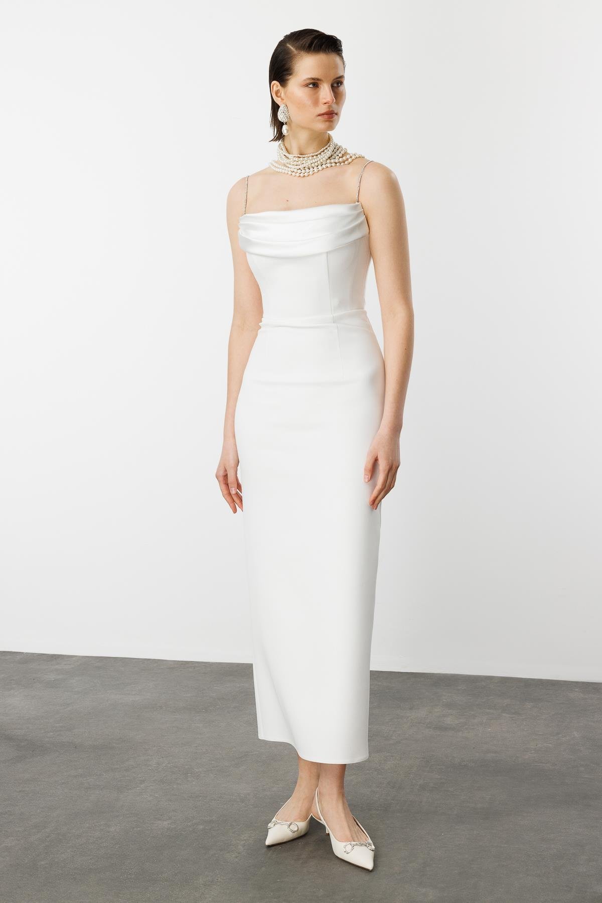 Taş Askı Yırtmaç Detay Abiye Elbise-BEYAZ