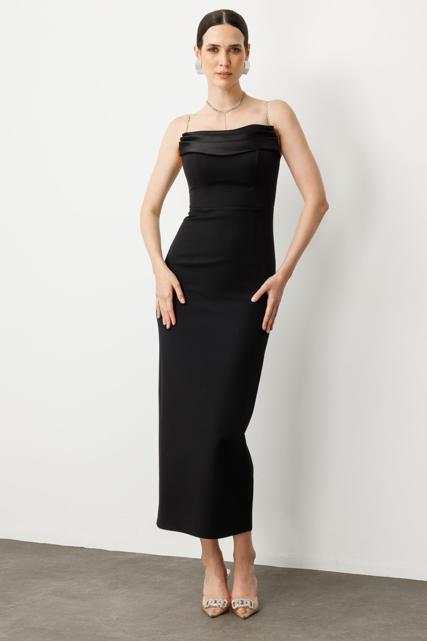 Taş Askı Yırtmaç Detay Abiye Elbise-SİYAH