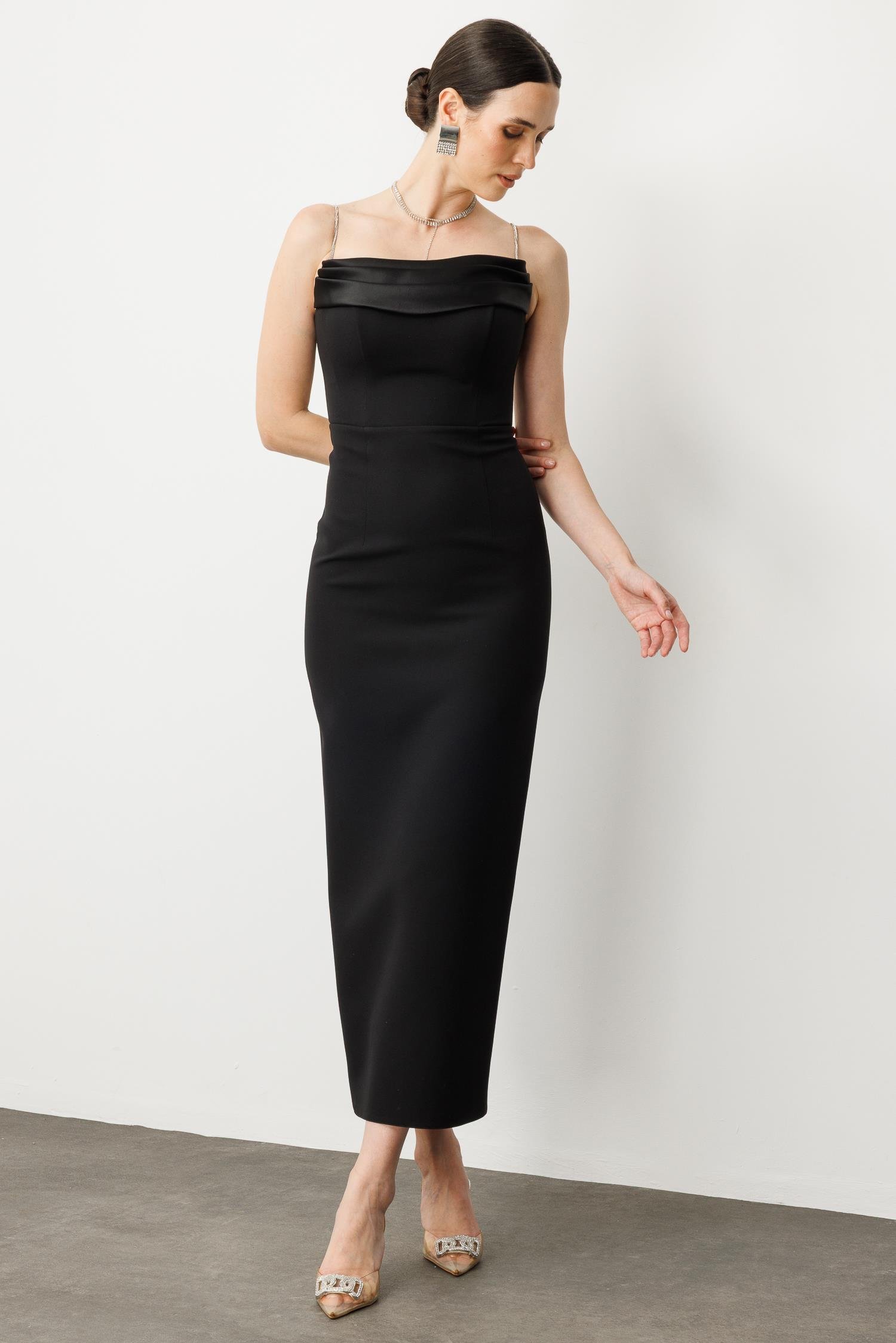 Taş Askı Yırtmaç Detay Abiye Elbise-SİYAH