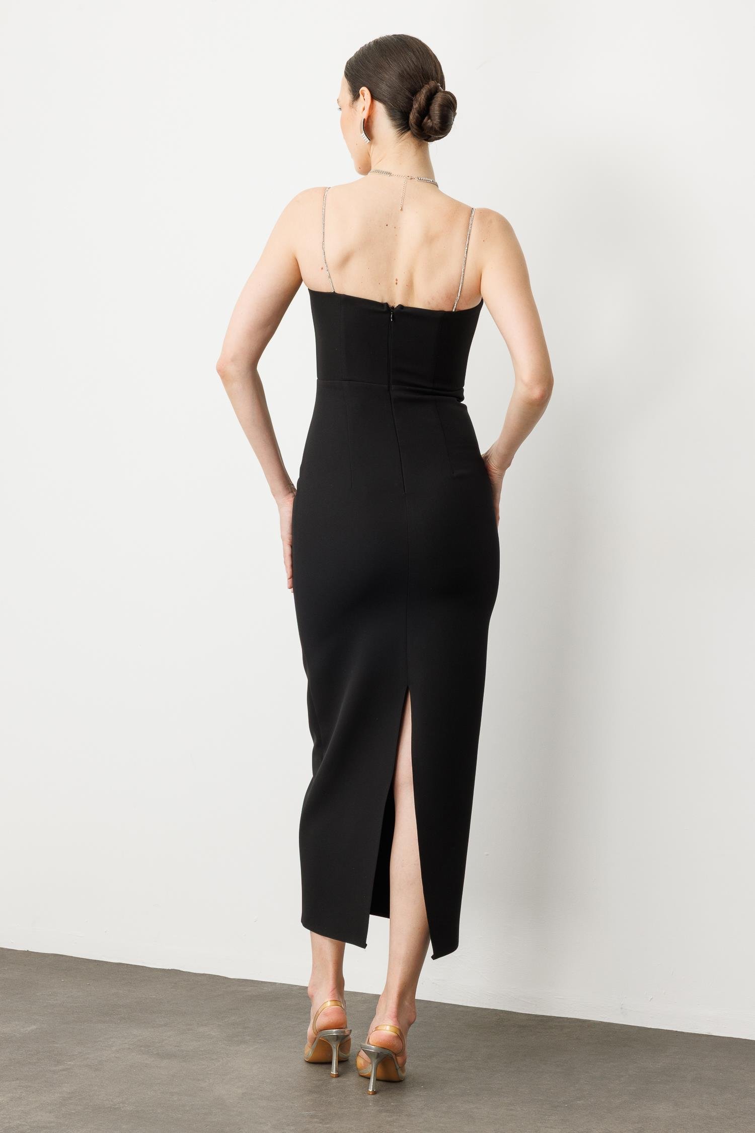 Taş Askı Yırtmaç Detay Abiye Elbise-SİYAH