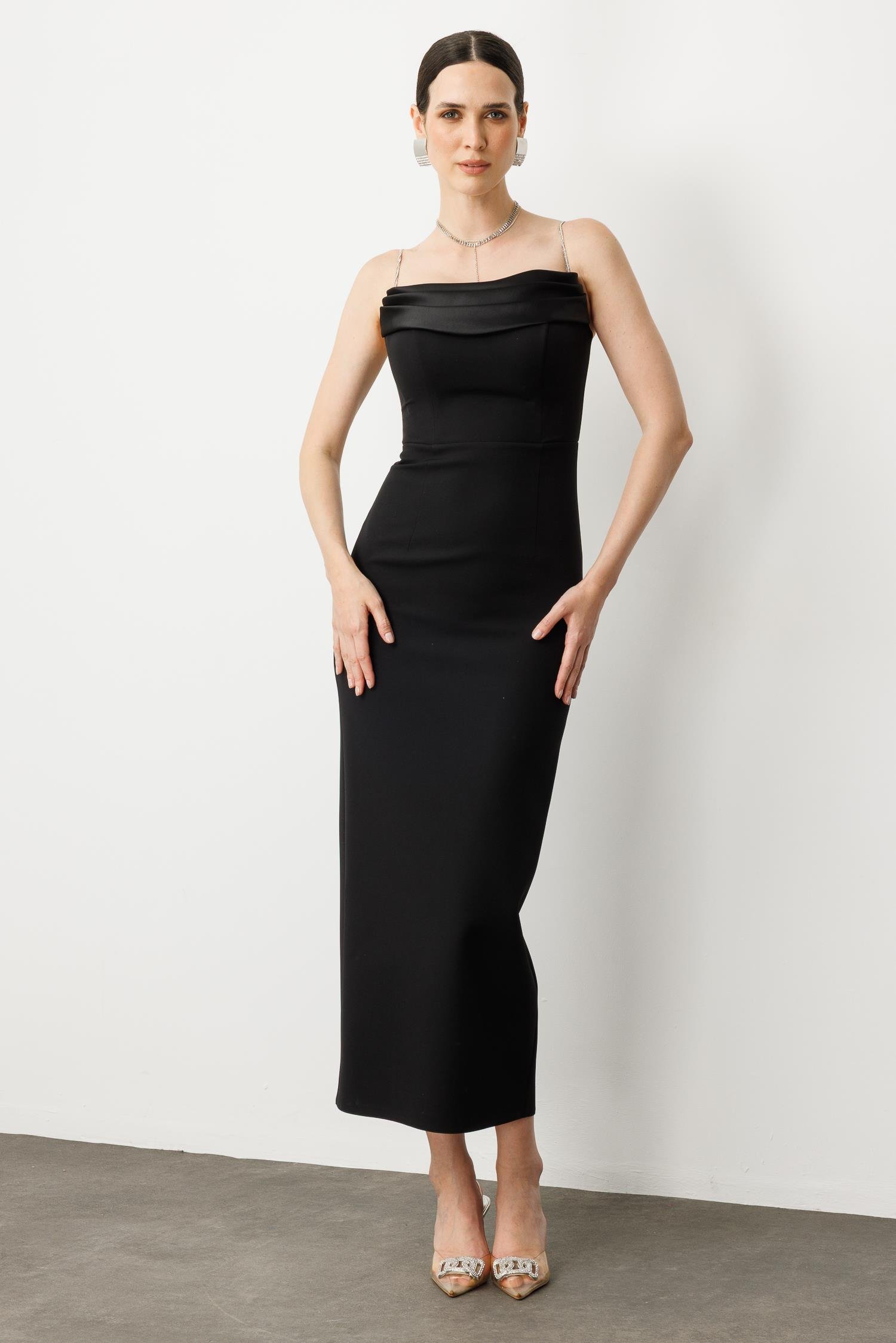 Taş Askı Yırtmaç Detay Abiye Elbise-SİYAH