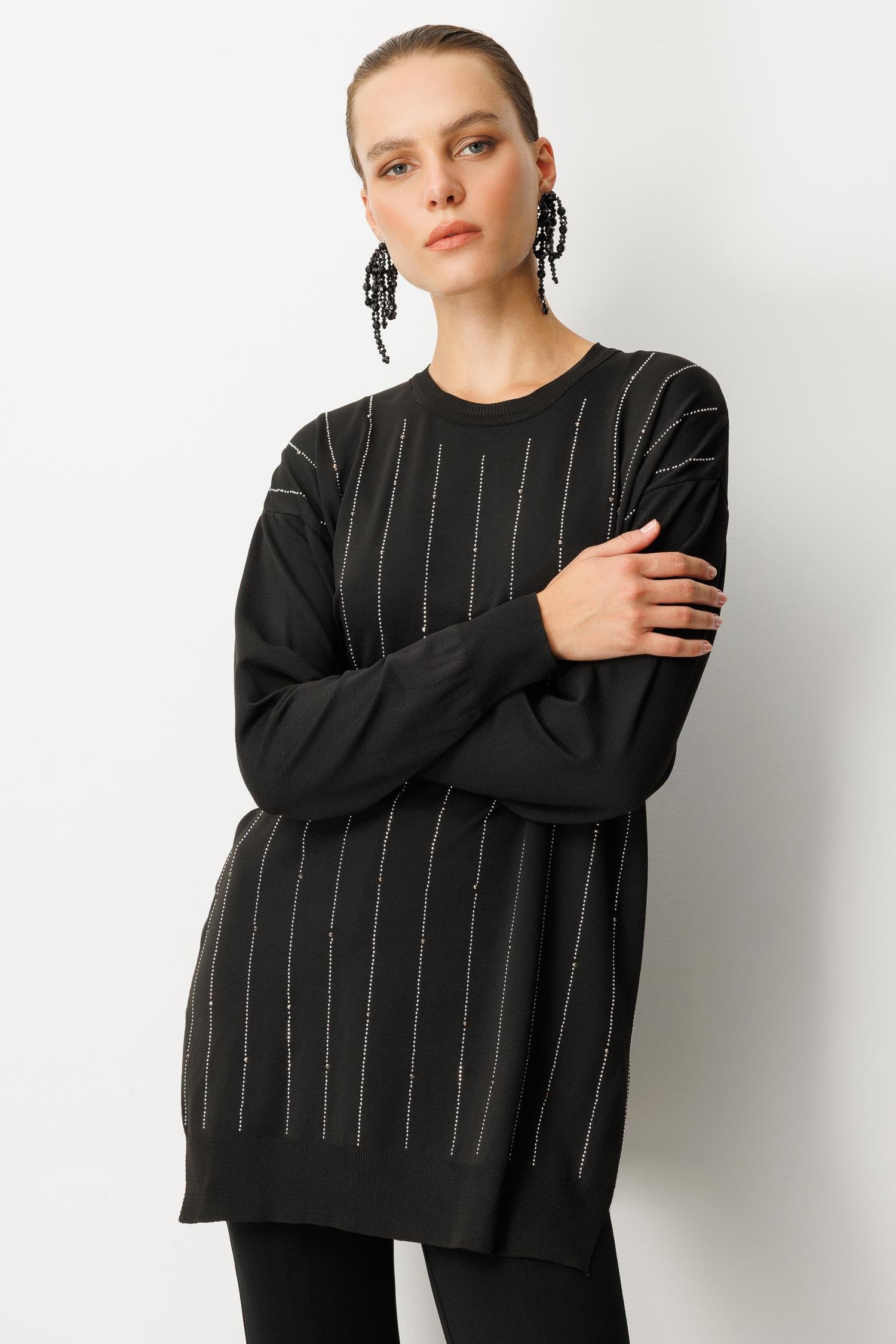 Taş Desen Çizgili Triko Tunik Kazak-SİYAH