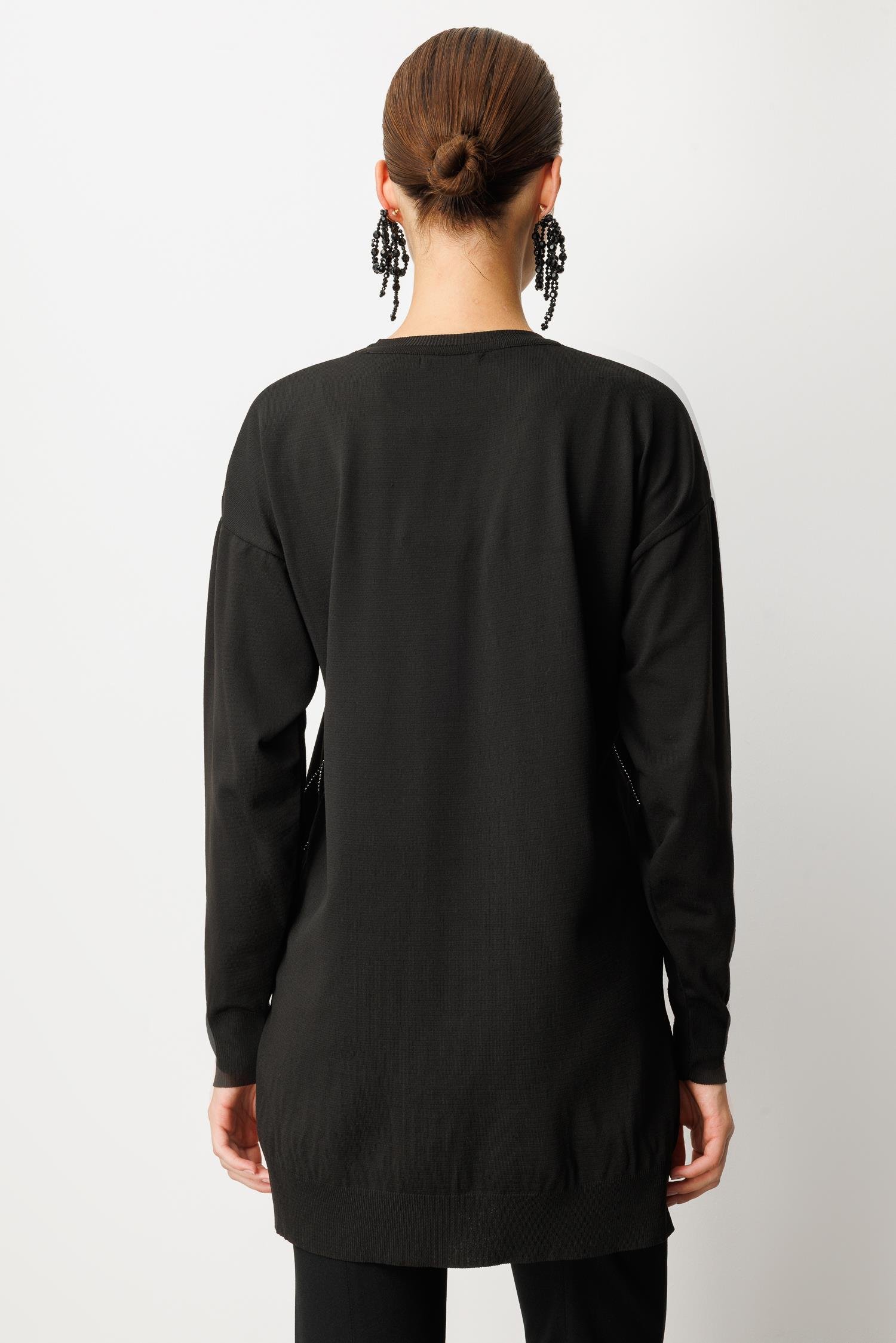 Taş Desen Çizgili Triko Tunik Kazak-SİYAH