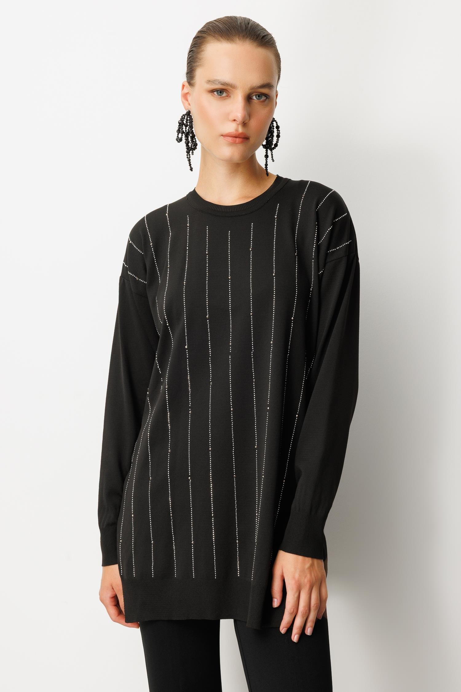 Taş Desen Çizgili Triko Tunik Kazak-SİYAH