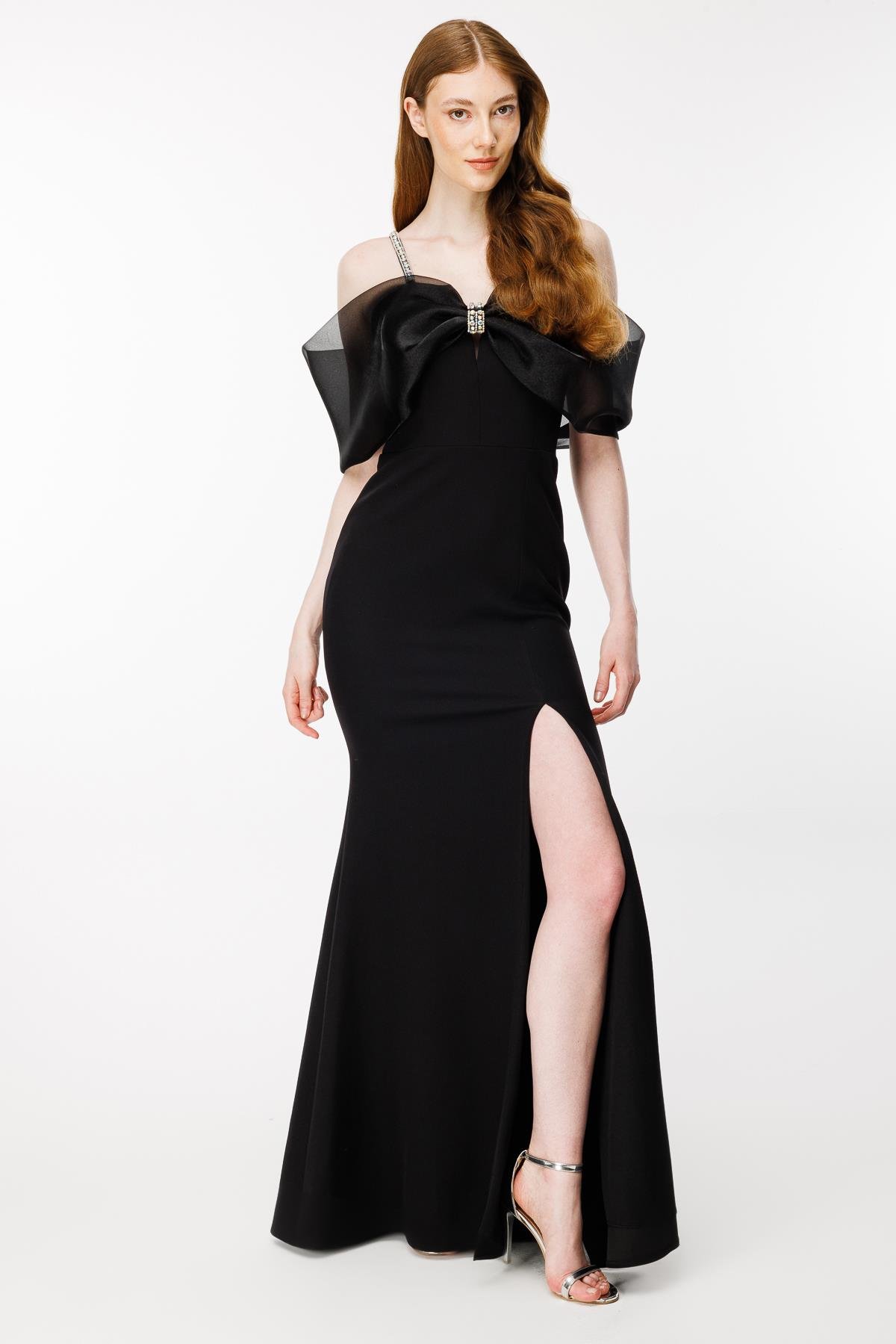 Taş Detaylı Balon Kol Uzun Abiye - SİYAH