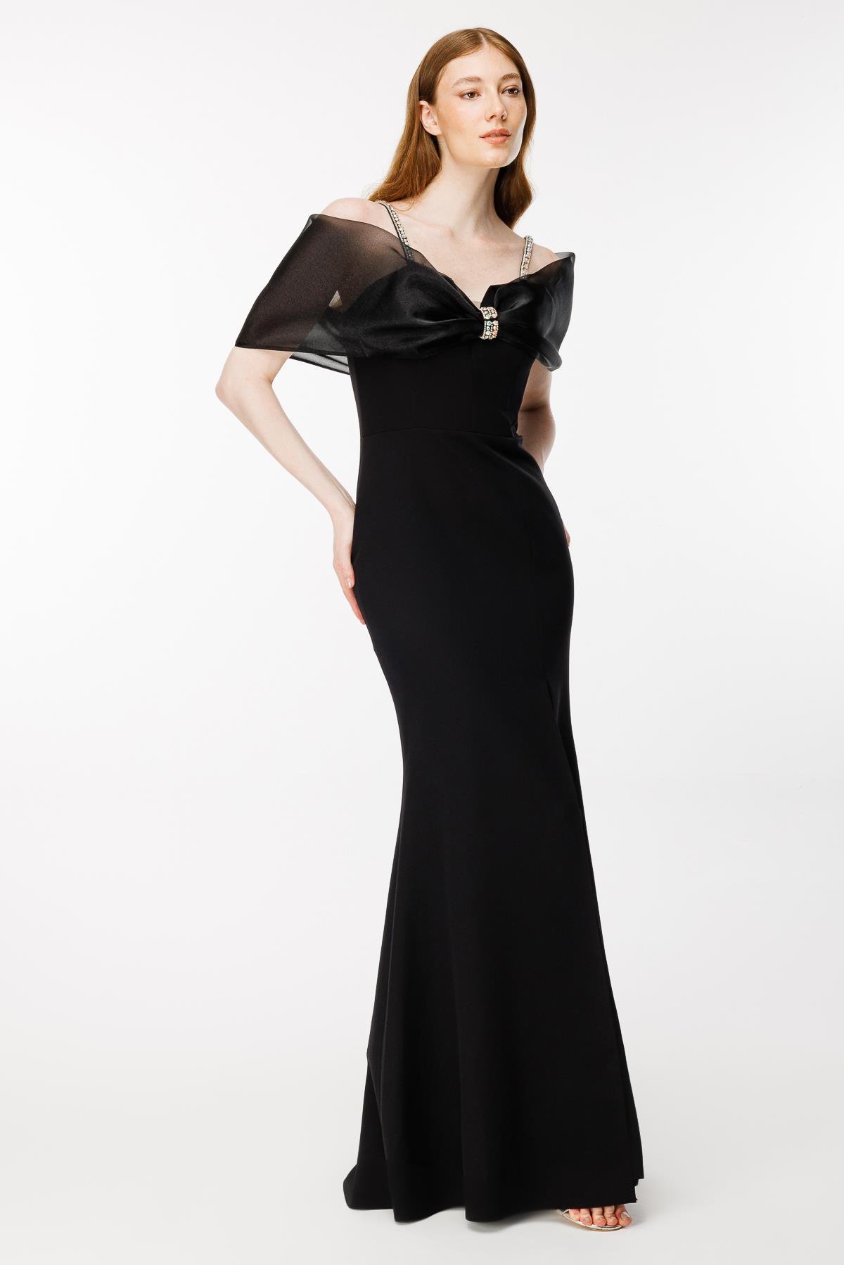 Taş Detaylı Balon Kol Uzun Abiye - SİYAH