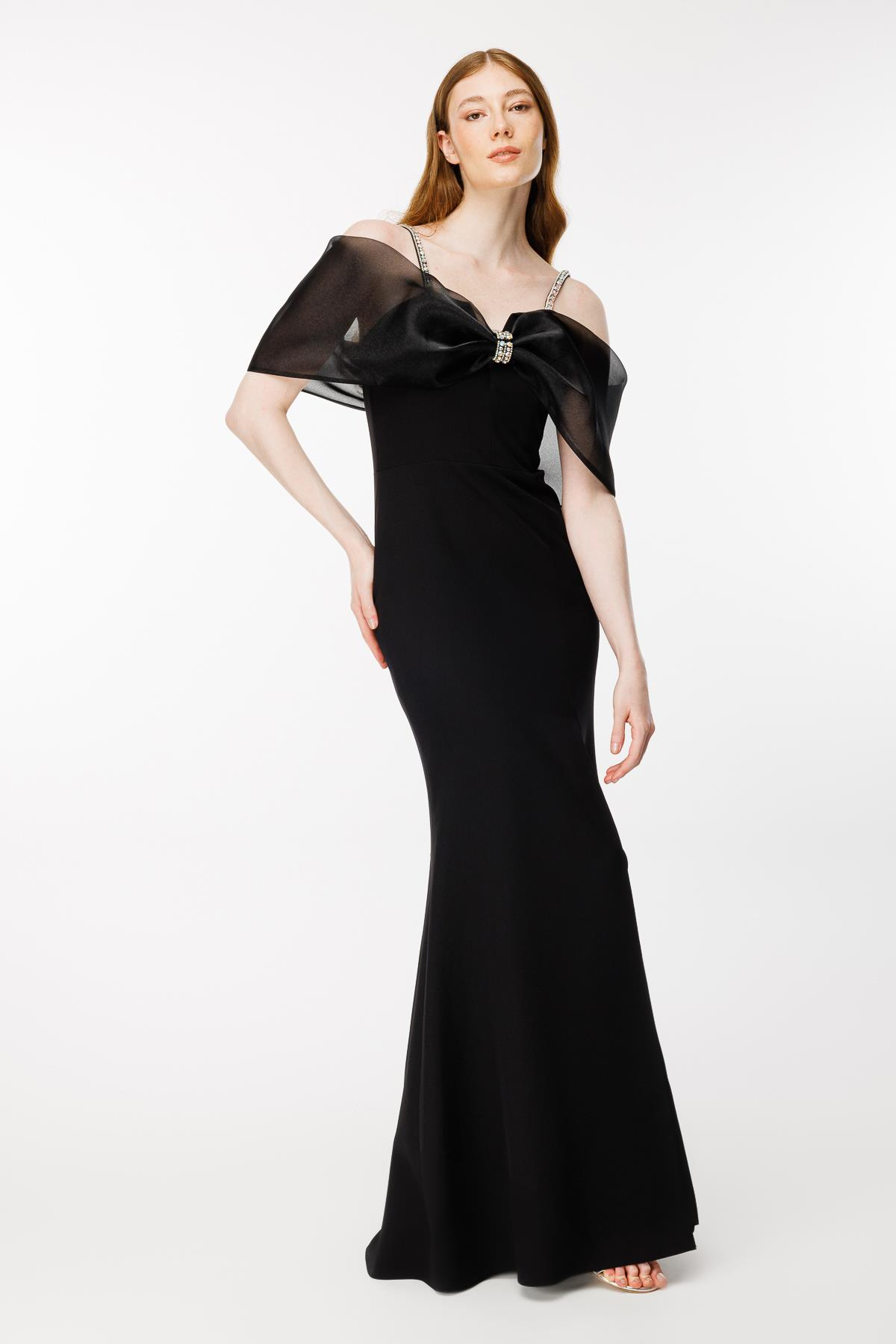 Taş Detaylı Balon Kol Uzun Abiye - SİYAH