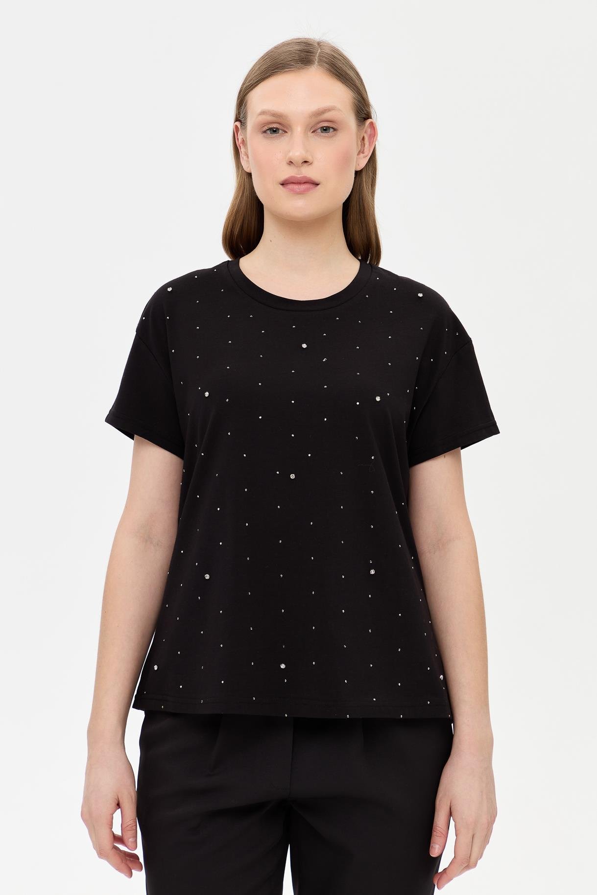 Taş Detaylı Kısa Kollu Tişört - SİYAH