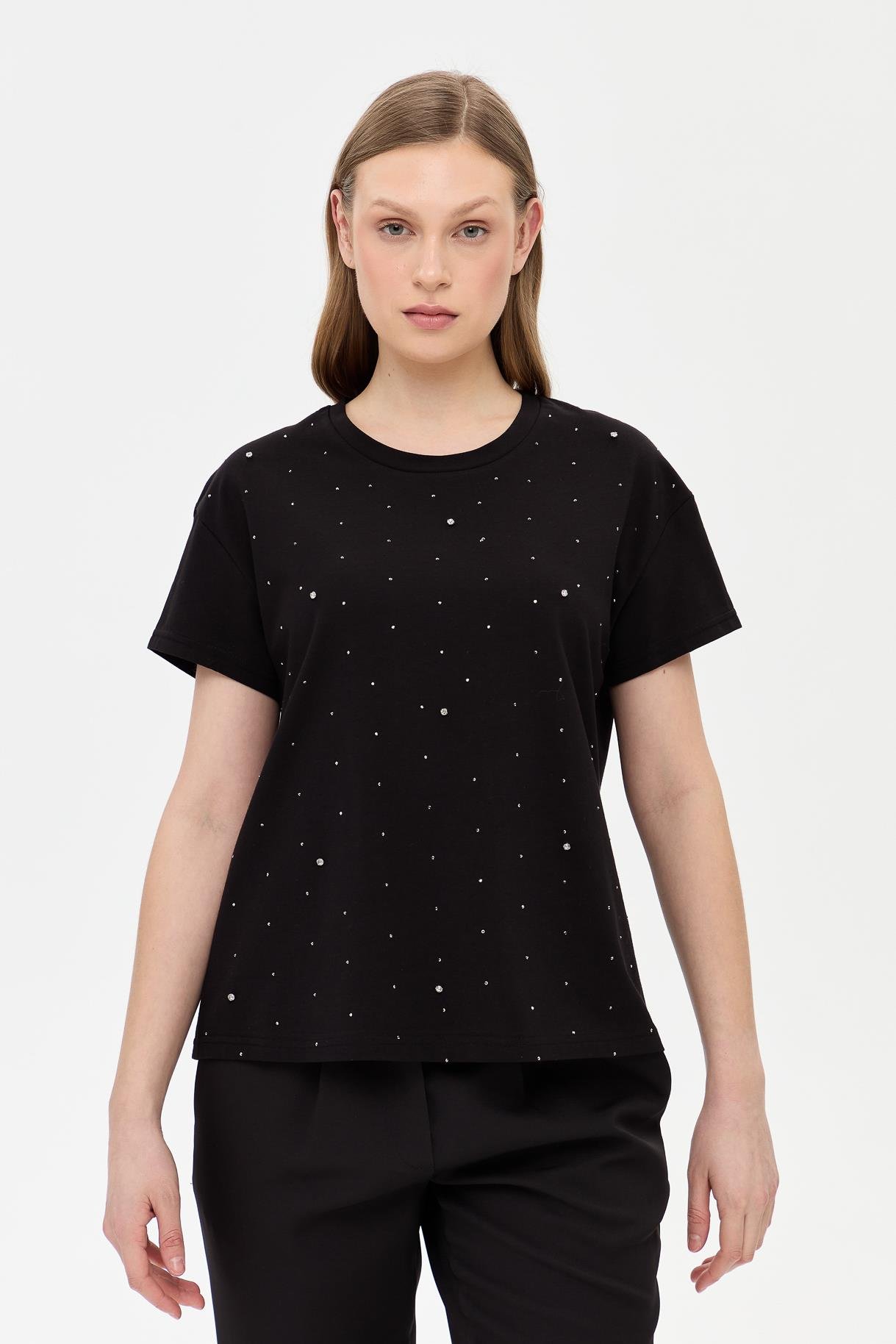 Taş Detaylı Kısa Kollu Tişört - SİYAH