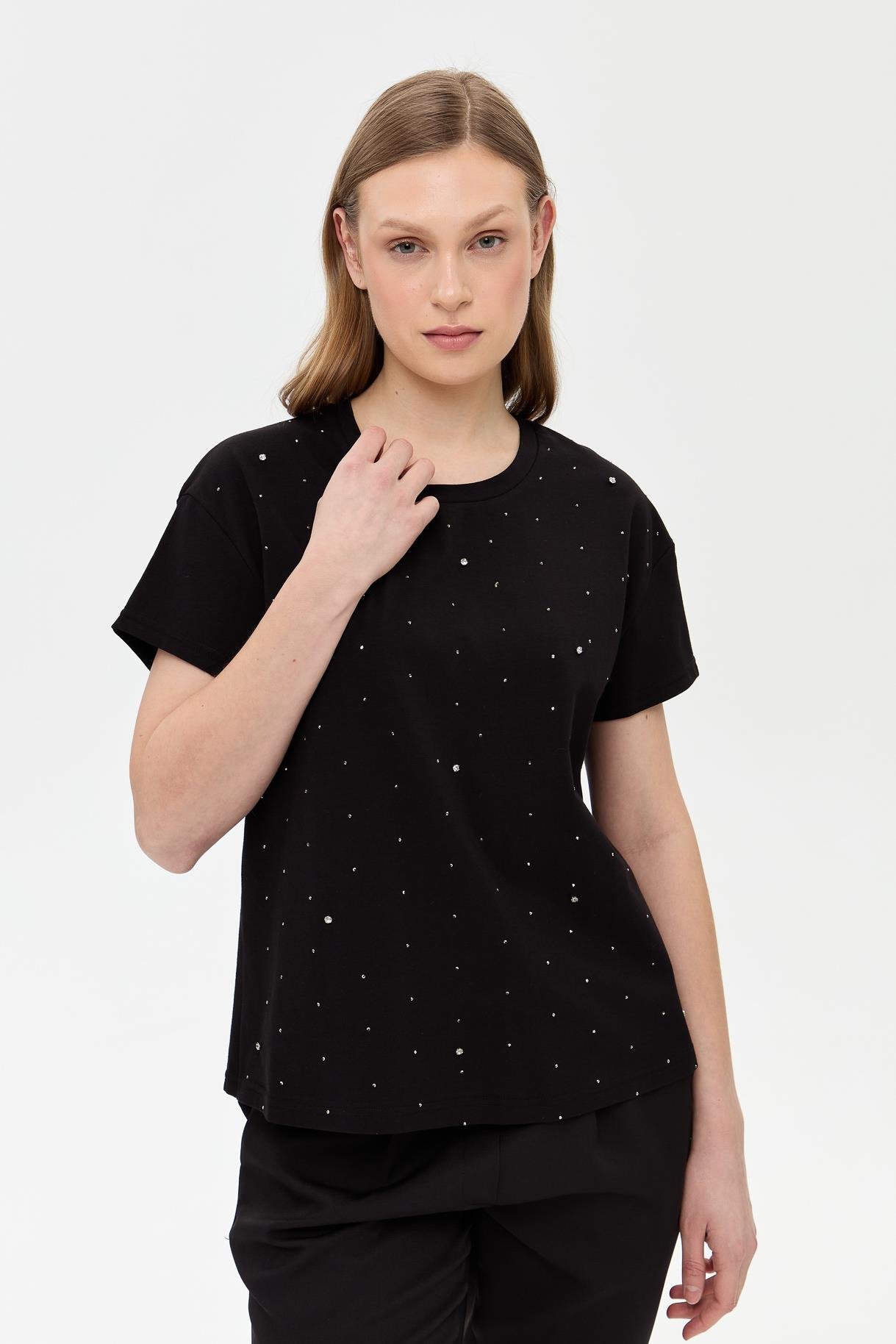 Taş Detaylı Kısa Kollu Tişört - SİYAH