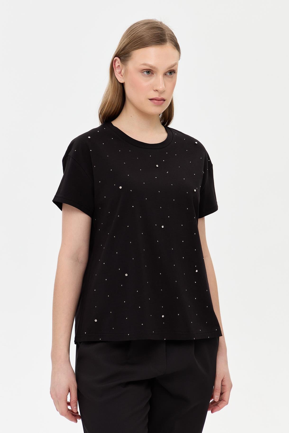 Taş Detaylı Kısa Kollu Tişört - SİYAH