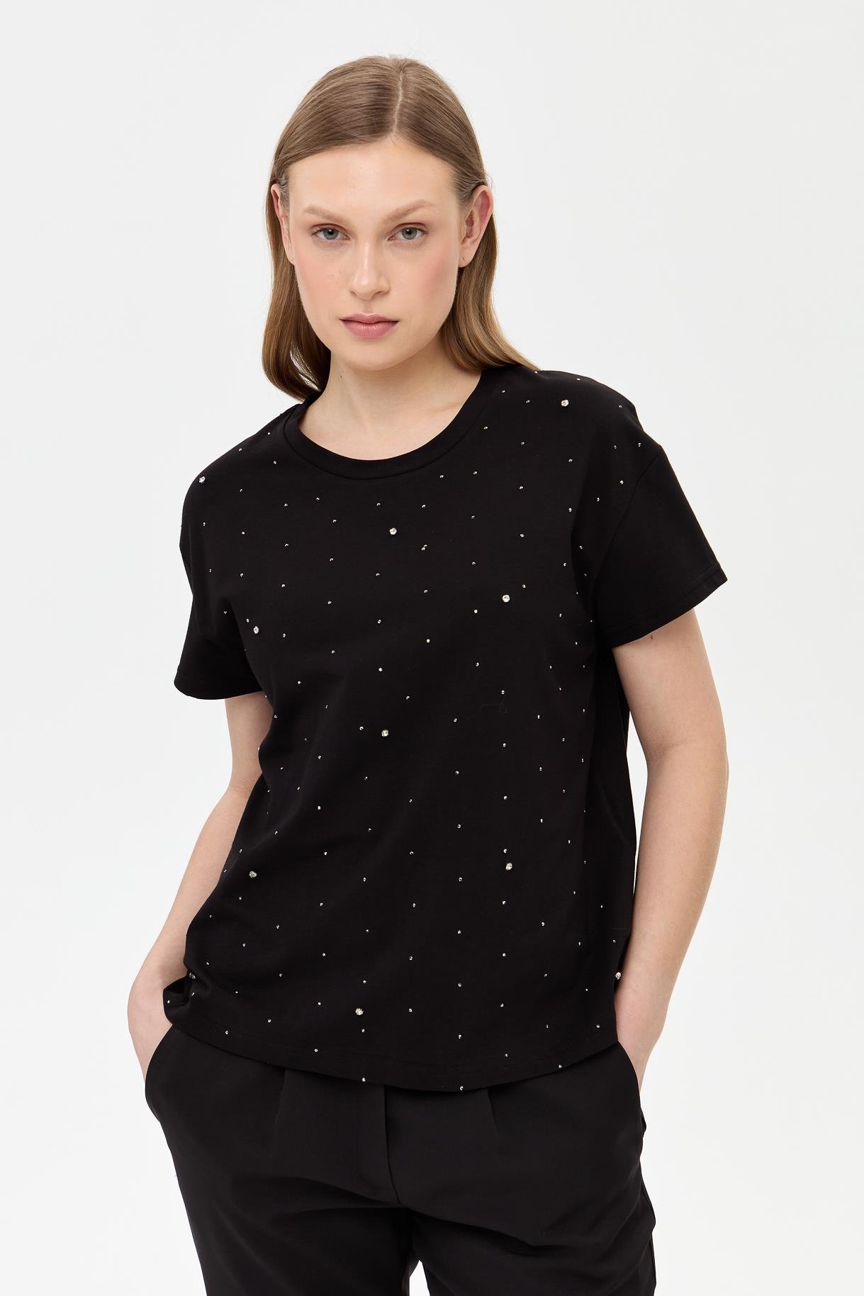 Taş Detaylı Kısa Kollu Tişört - SİYAH