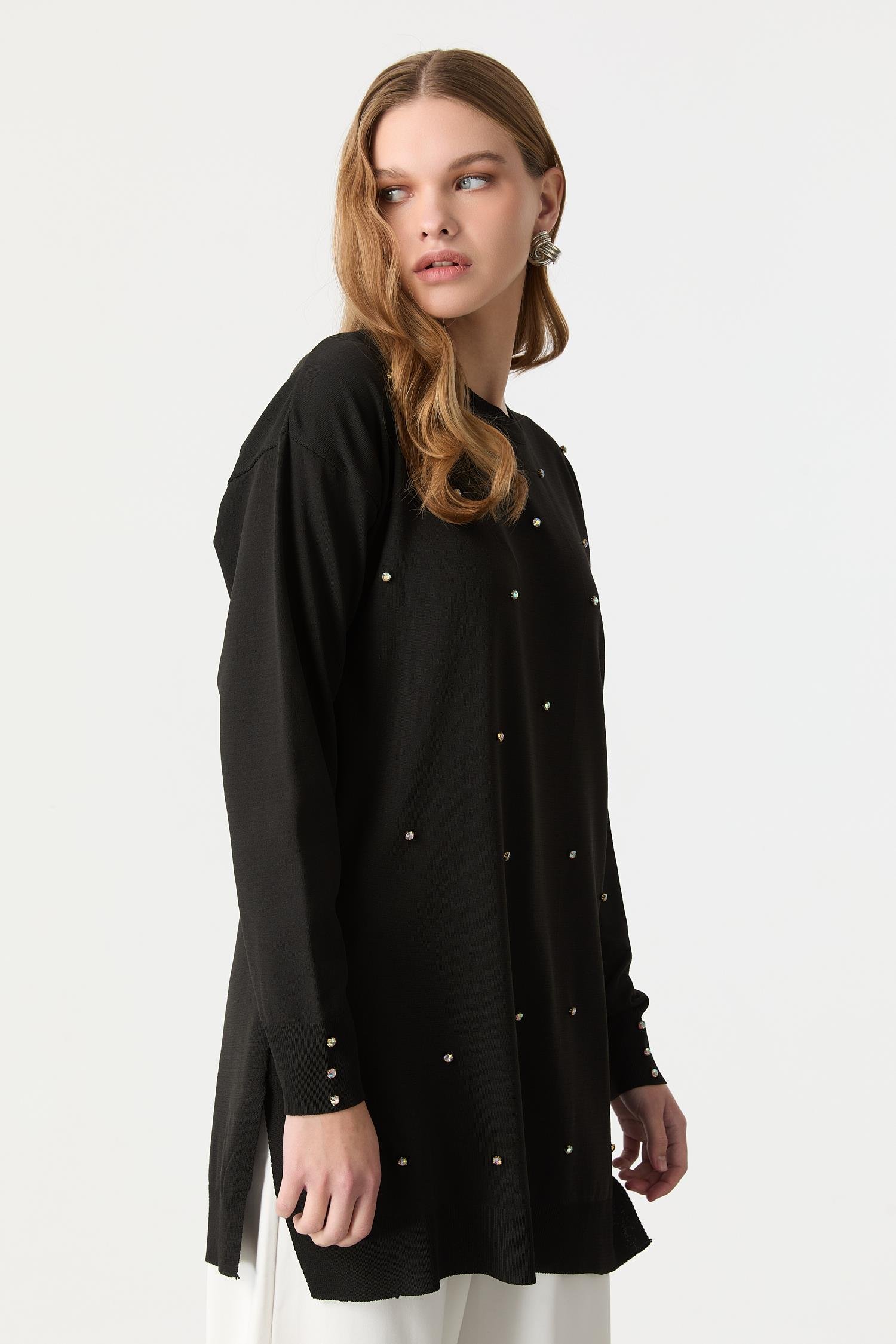 Taş Detaylı Triko Tunik Kazak-SİYAH