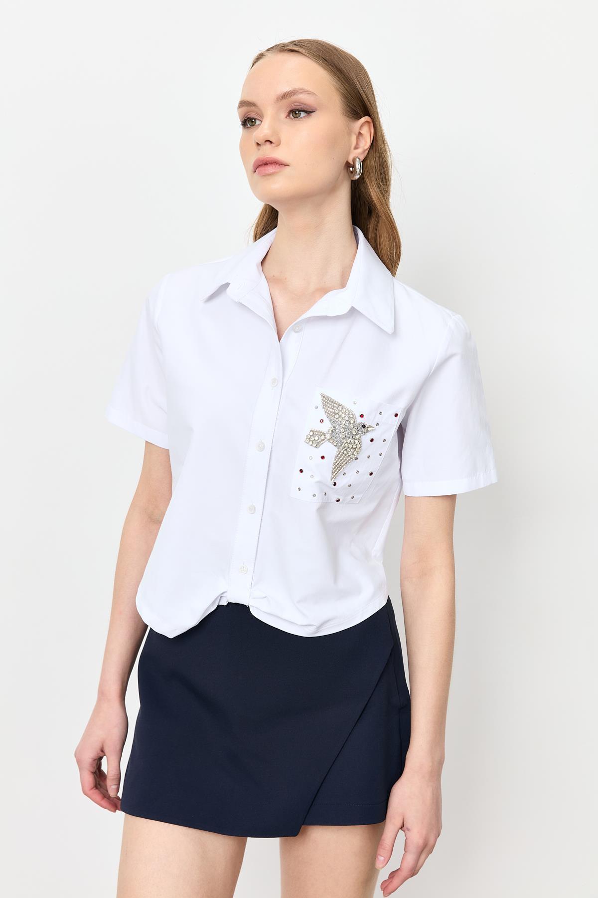 Taş İşleme Kuş Figürlü Gömlek-KEMIK