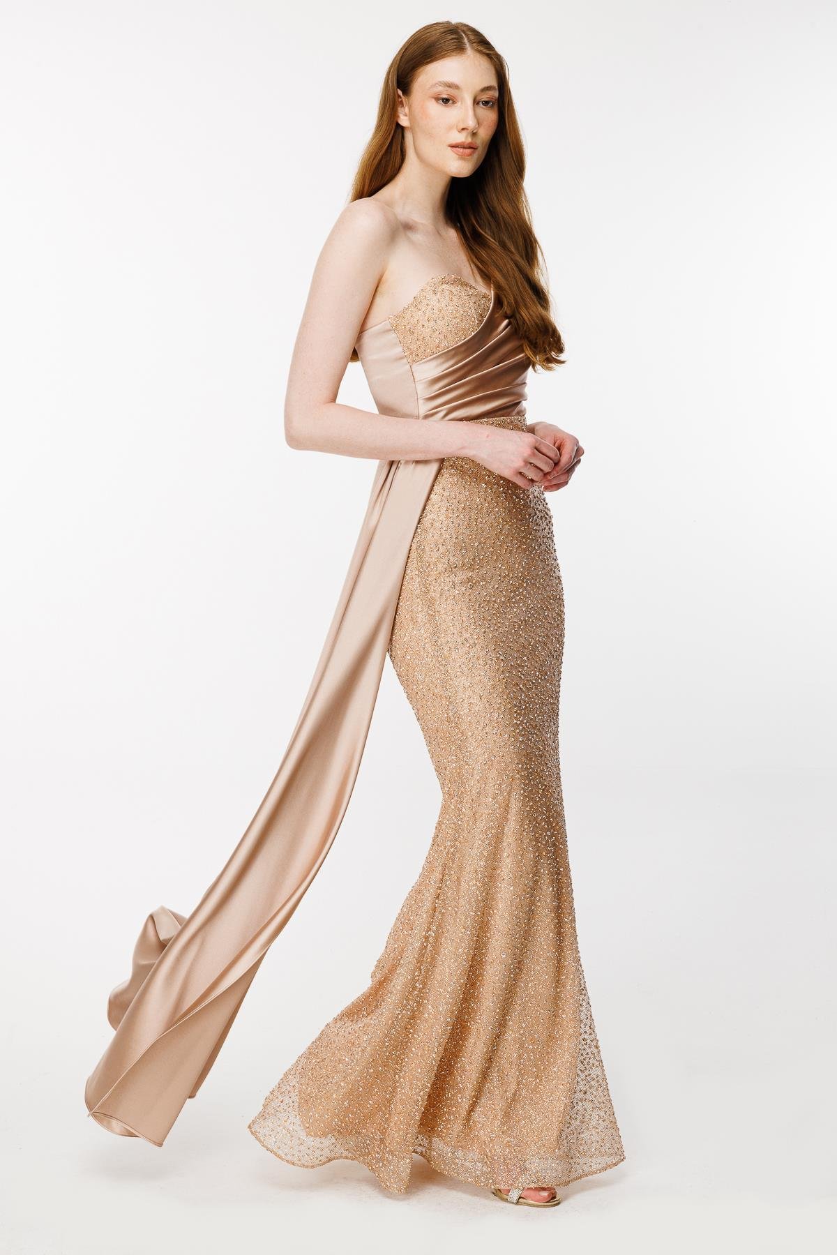 Taş İşlemeli Tek Omuz Uzun Abiye - GOLD