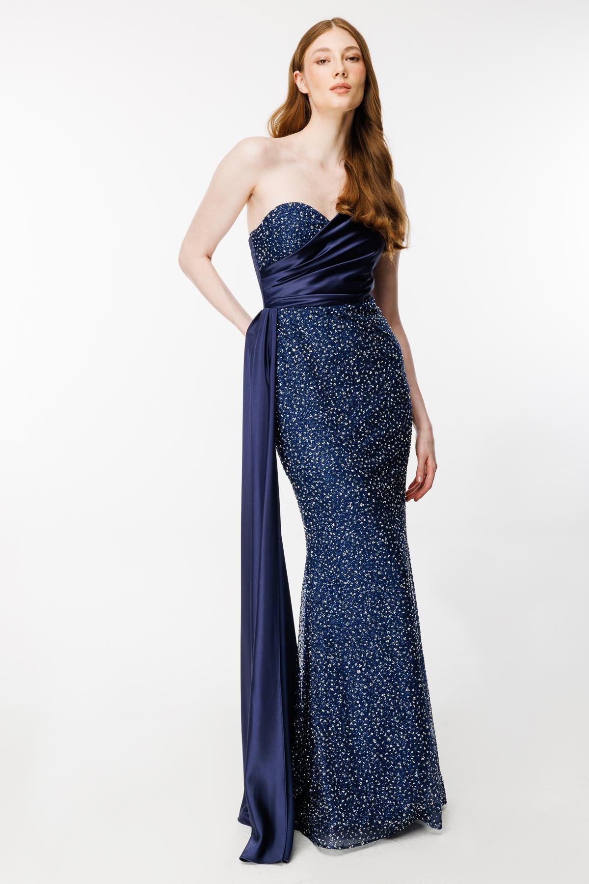 Taş İşlemeli Tek Omuz Uzun Abiye - LACI