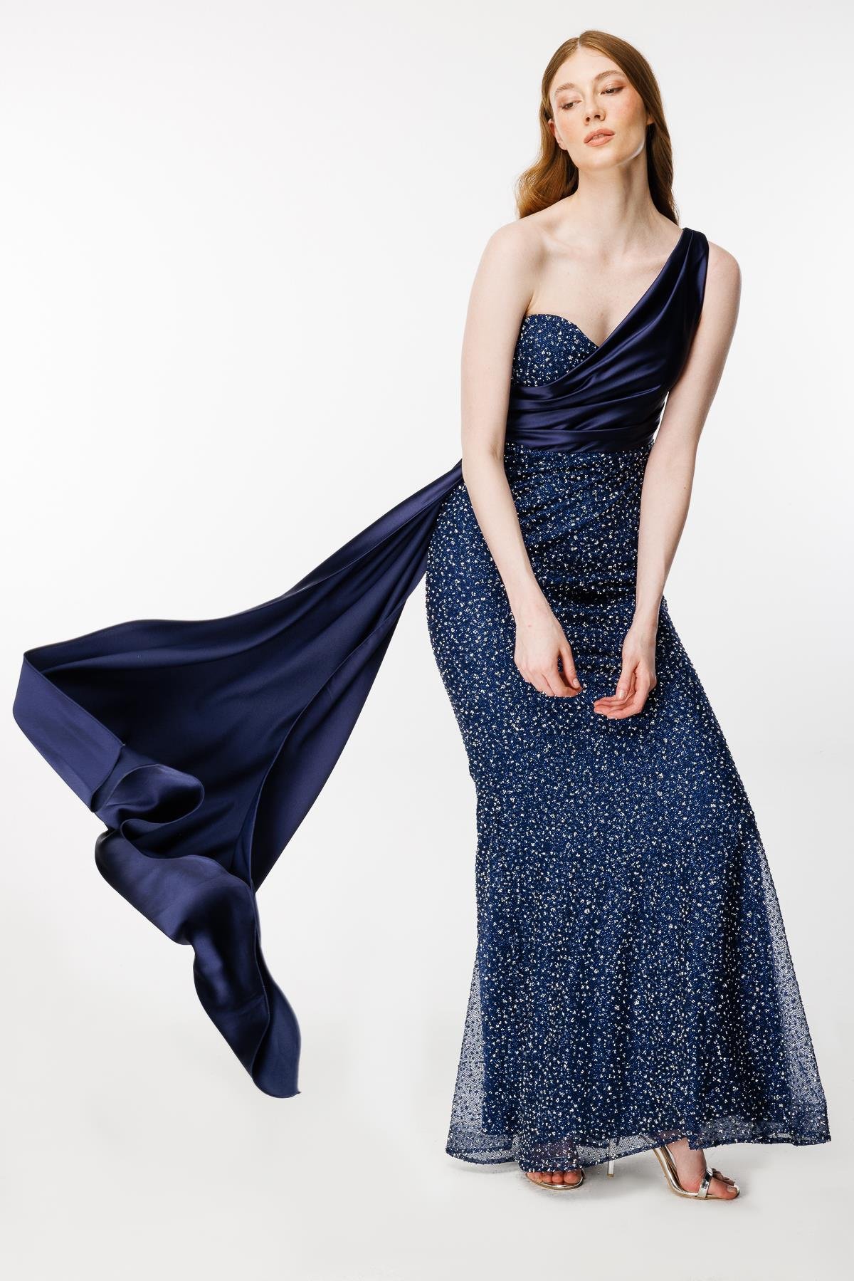 Taş İşlemeli Tek Omuz Uzun Abiye - LACI