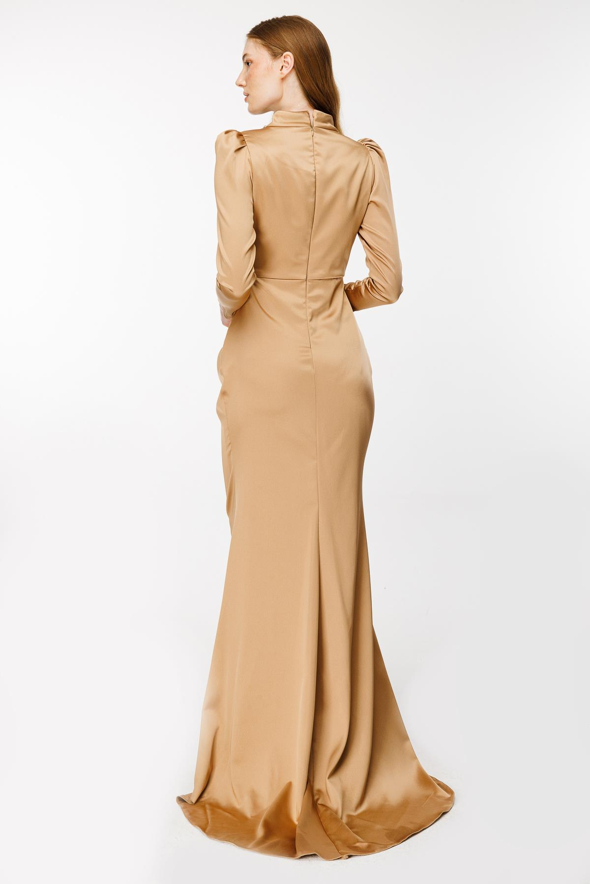 Taş Ve Drape Detaylı Uzun Abiye - BRONZ