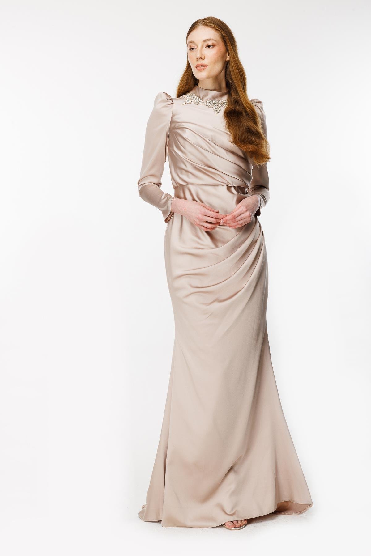 Taş Ve Drape Detaylı Uzun Abiye - TAŞ