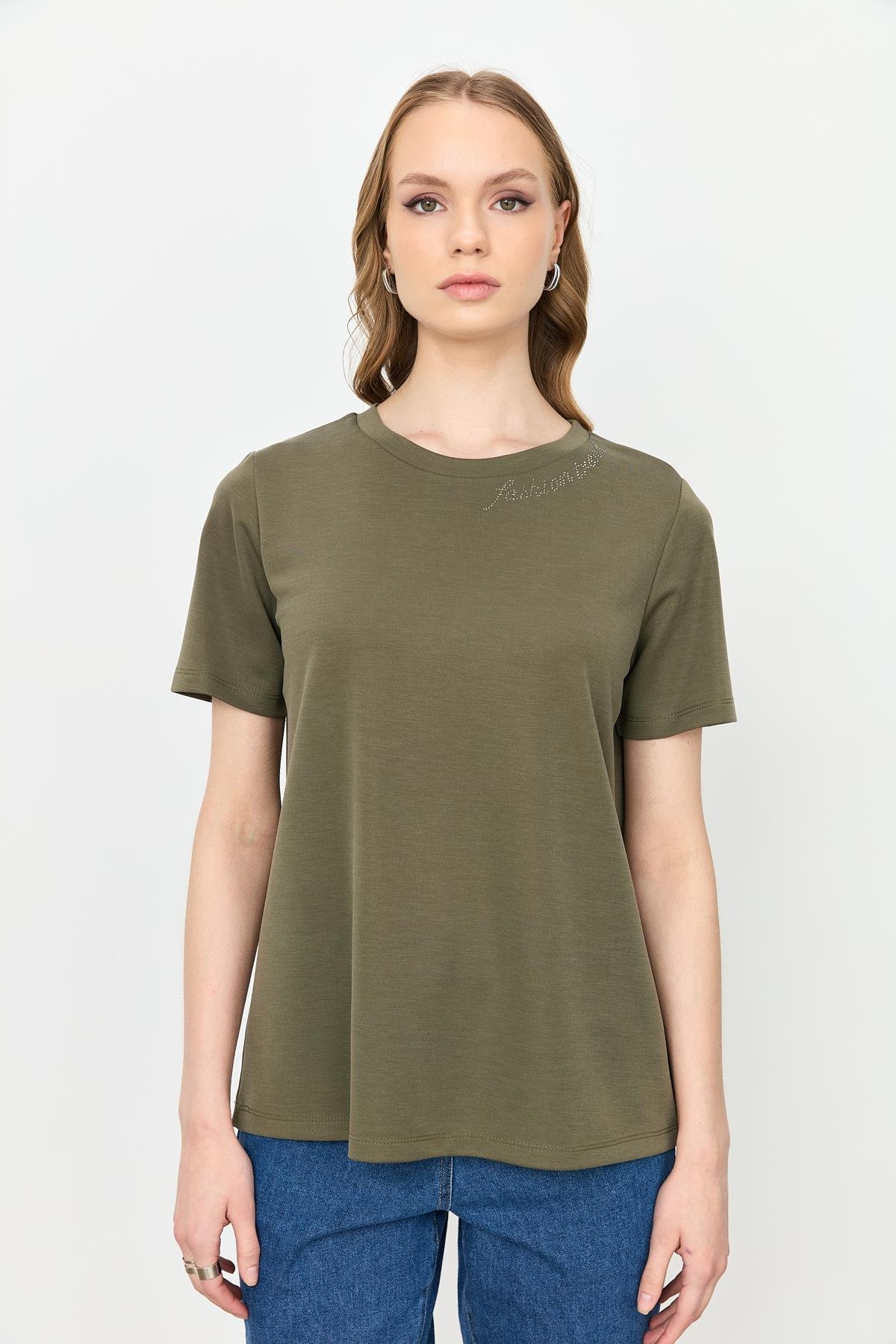 Taş Yazı Detaylı Bluz-HAKİ