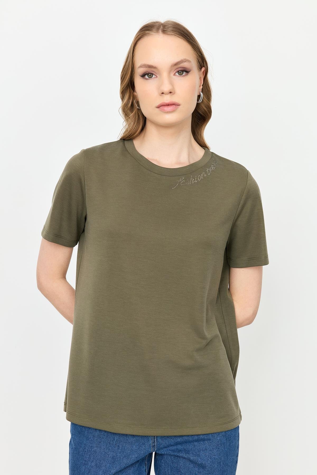 Taş Yazı Detaylı Bluz-HAKİ