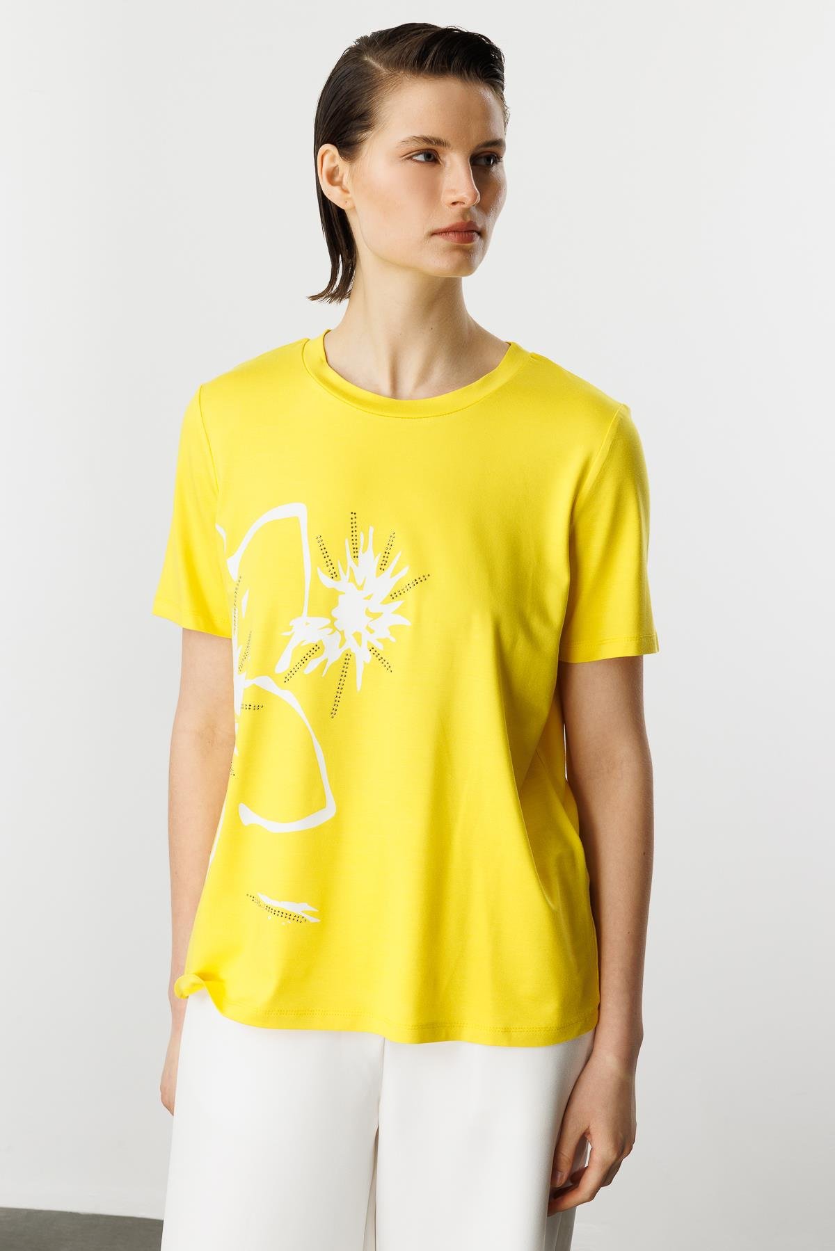 Taşlı Çiçek Desen Pamuklu Bluz-SARI