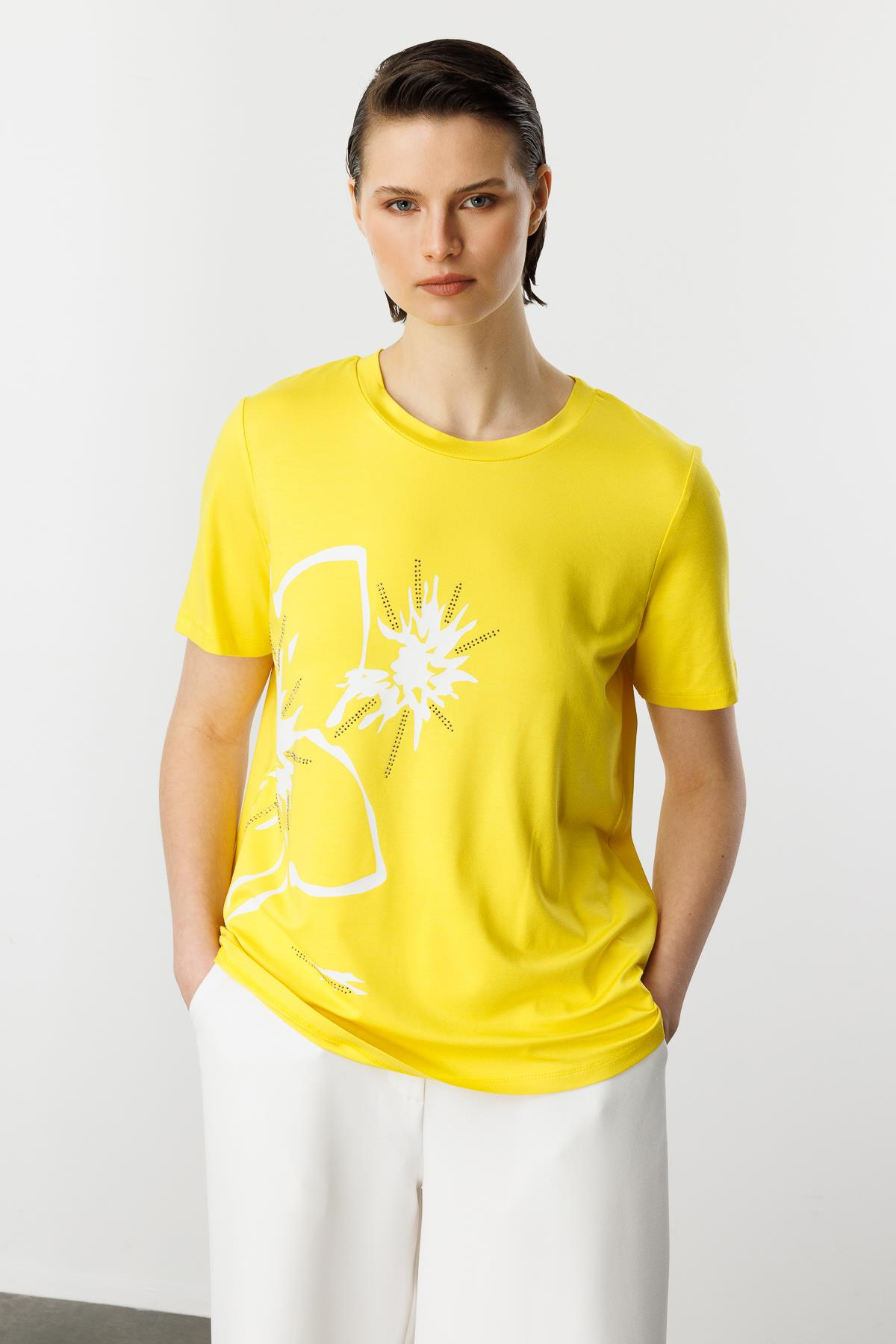 Taşlı Çiçek Desen Pamuklu Bluz-SARI