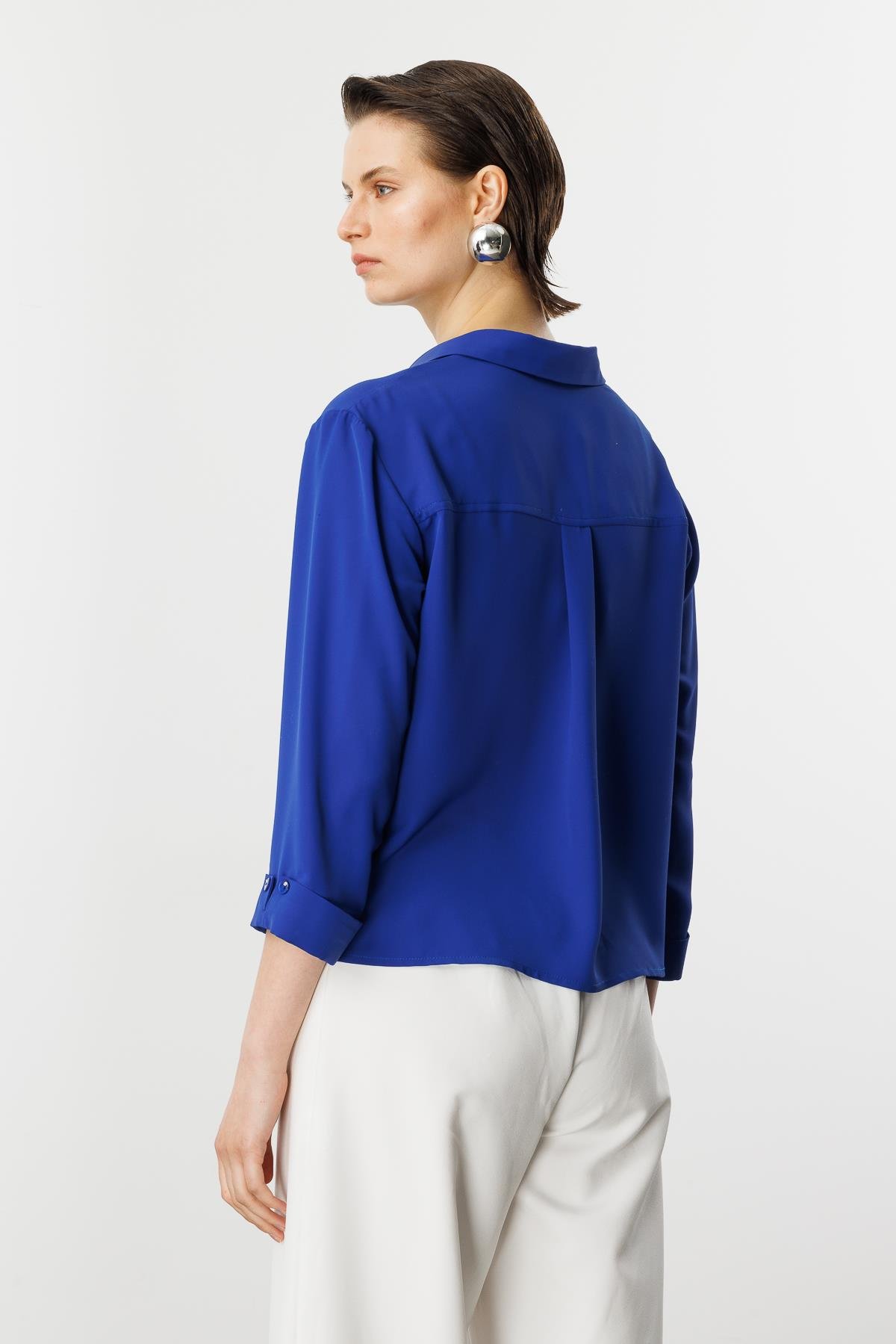 Taşlı Düğme Detaylı Gömlek-SAX