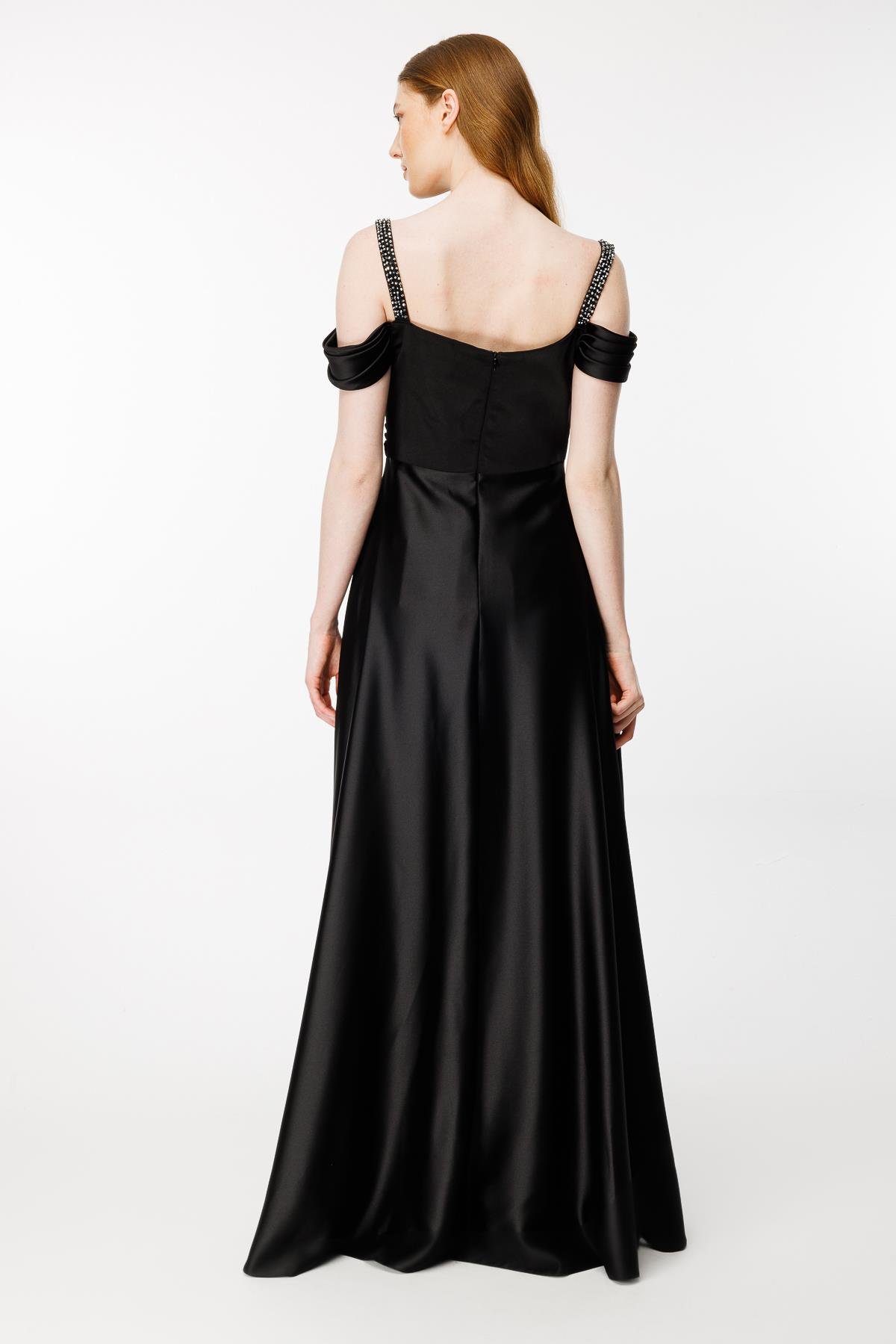 Taşlı İp Askılı Saten Uzun Abiye - SİYAH