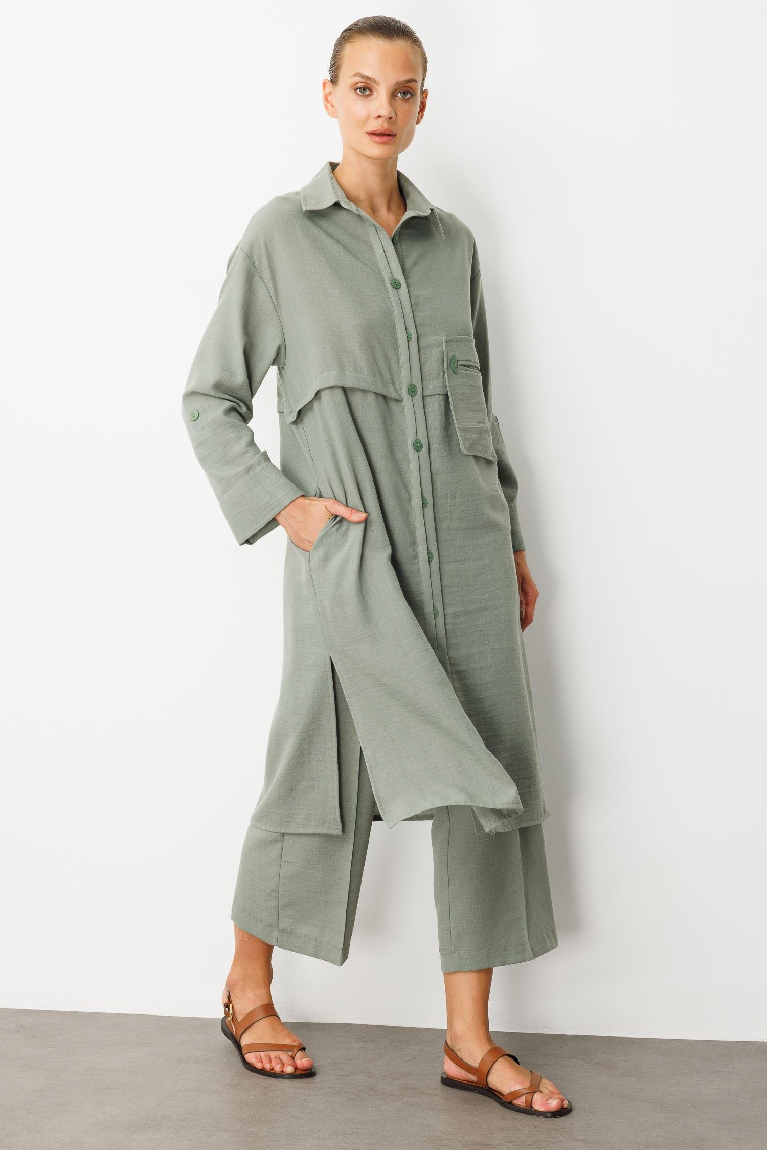 Tek Cep Keten Görünümlü Uzun Tunik-ÇAĞLA