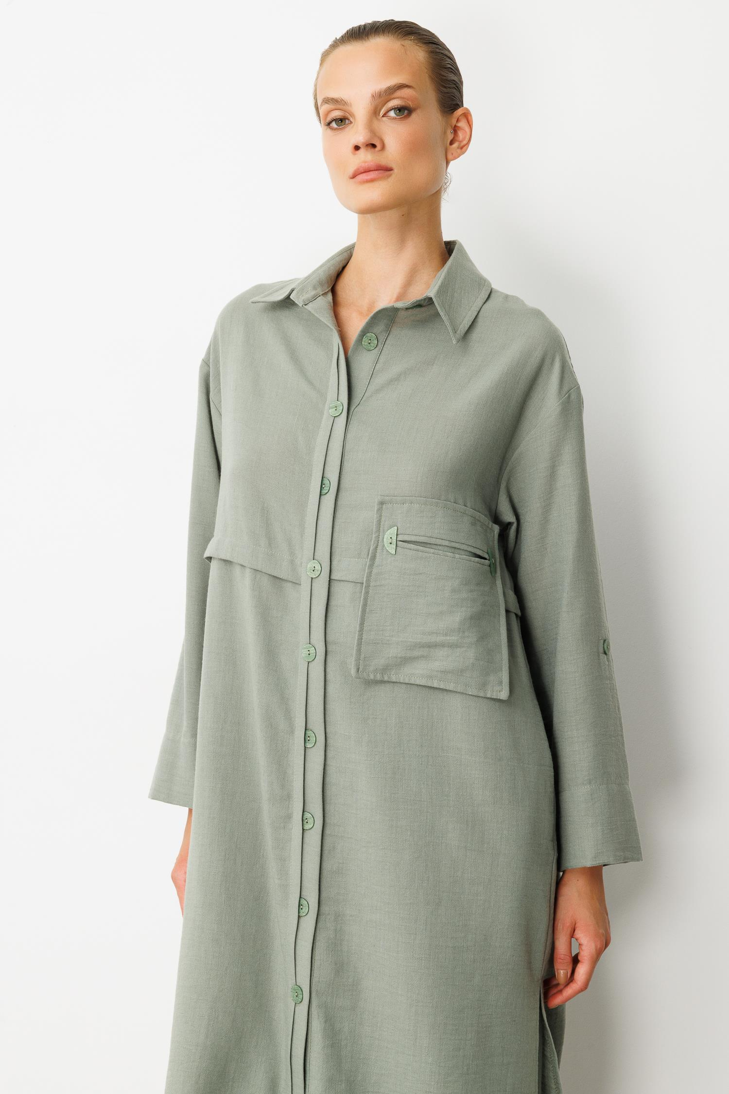 Tek Cep Keten Görünümlü Uzun Tunik-ÇAĞLA