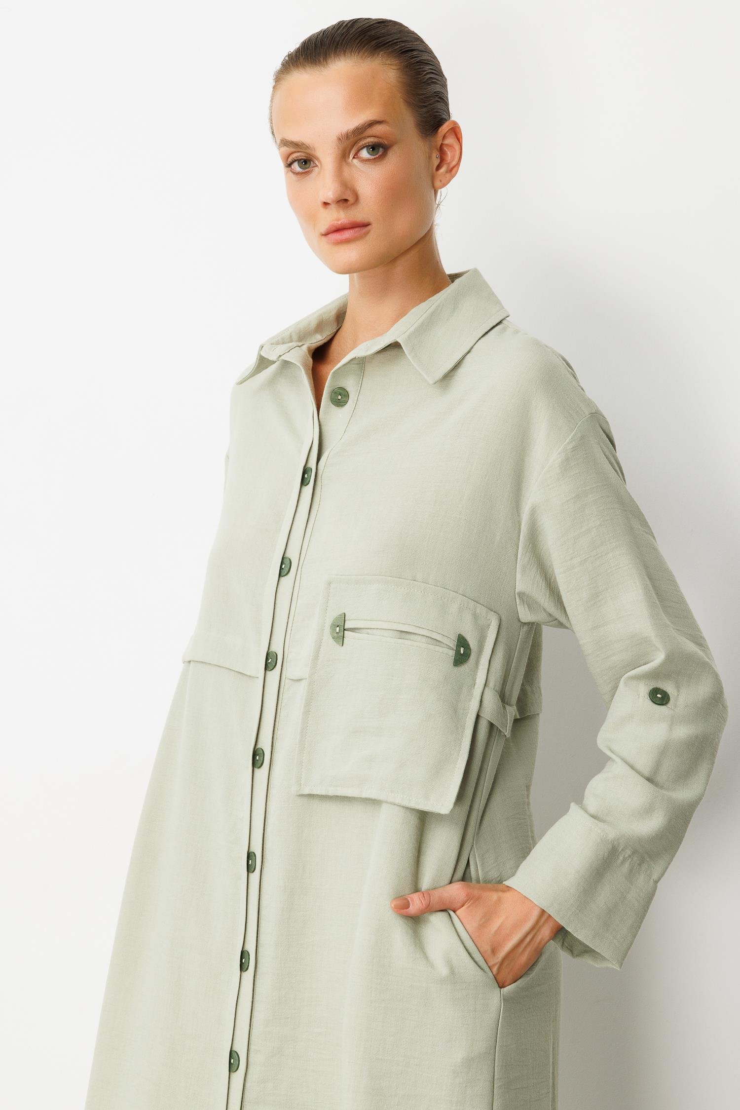 Tek Cep Keten Görünümlü Uzun Tunik-SU YEŞİLİ