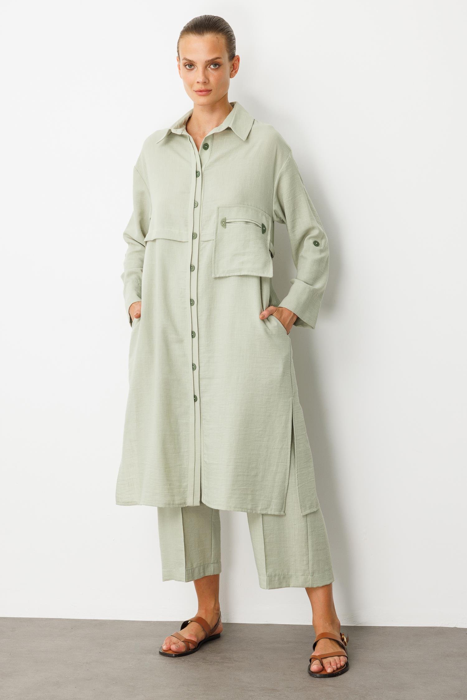 Tek Cep Keten Görünümlü Uzun Tunik-SU YEŞİLİ