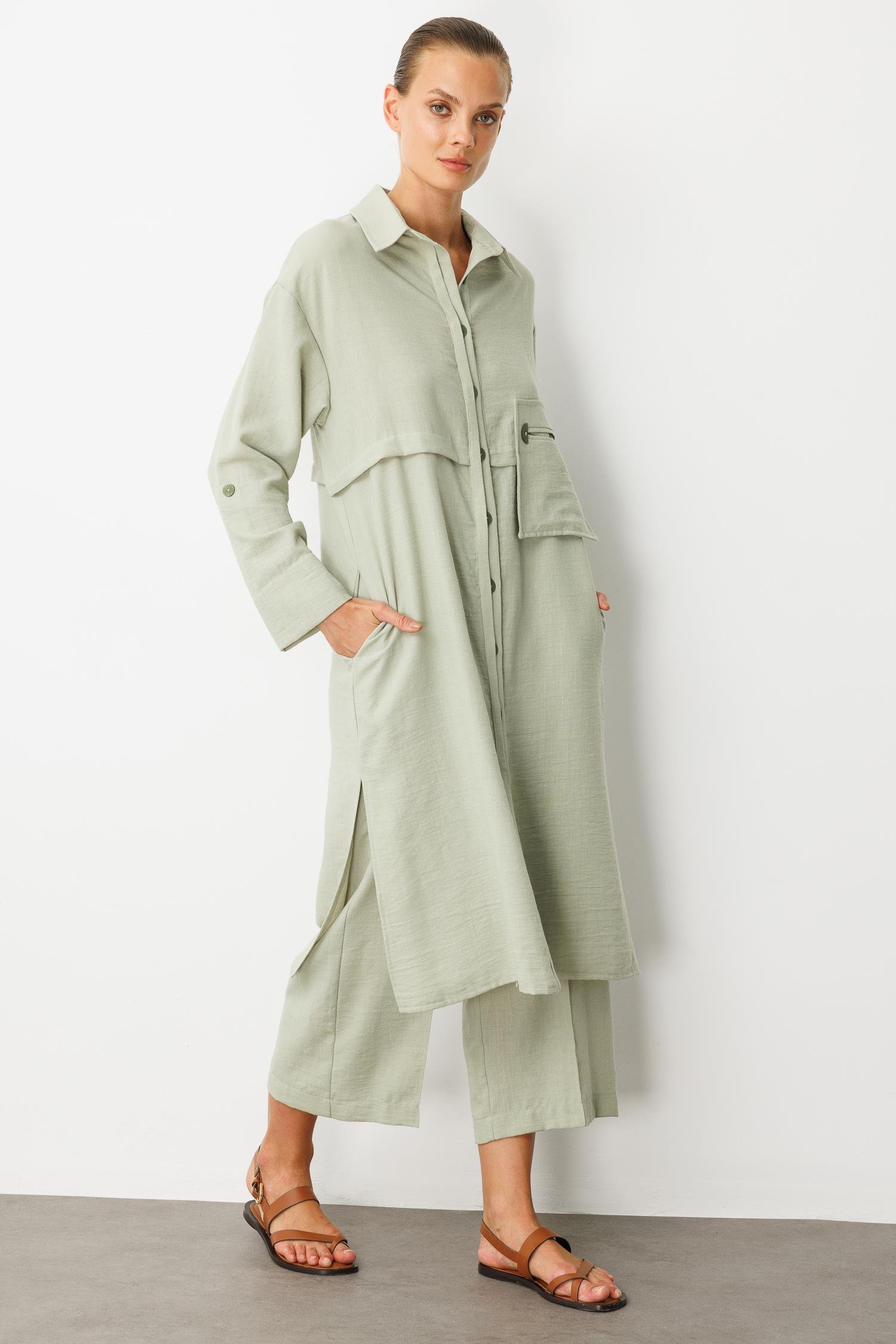 Tek Cep Keten Görünümlü Uzun Tunik-SU YEŞİLİ