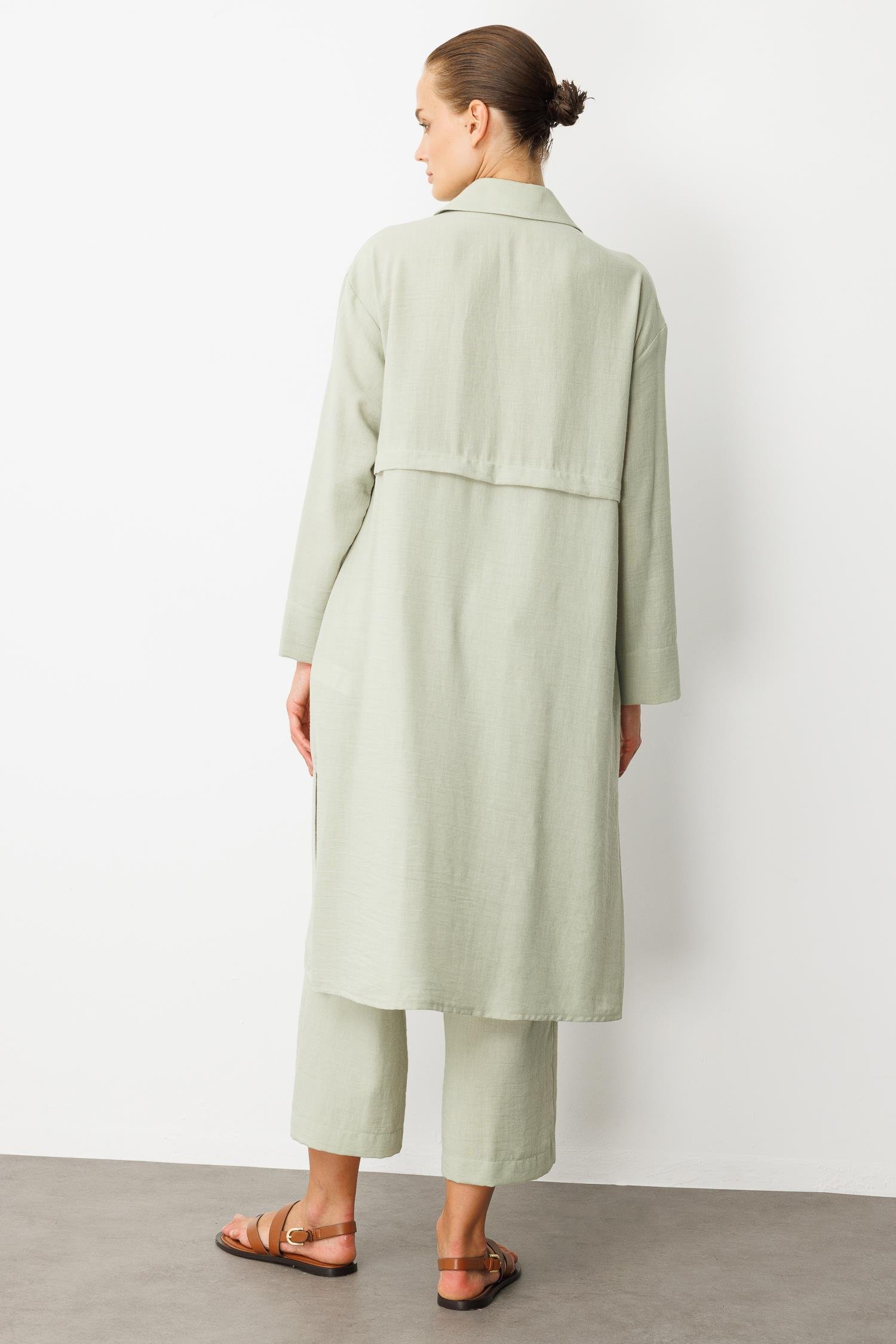 Tek Cep Keten Görünümlü Uzun Tunik-SU YEŞİLİ