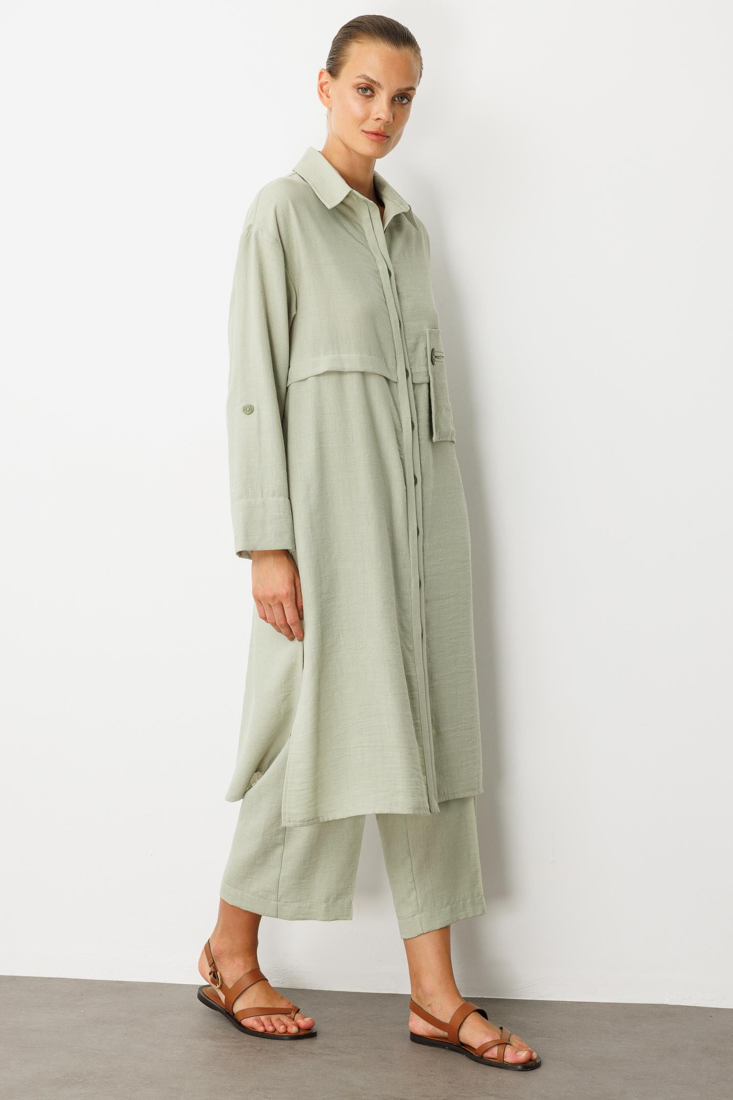 Tek Cep Keten Görünümlü Uzun Tunik-SU YEŞİLİ