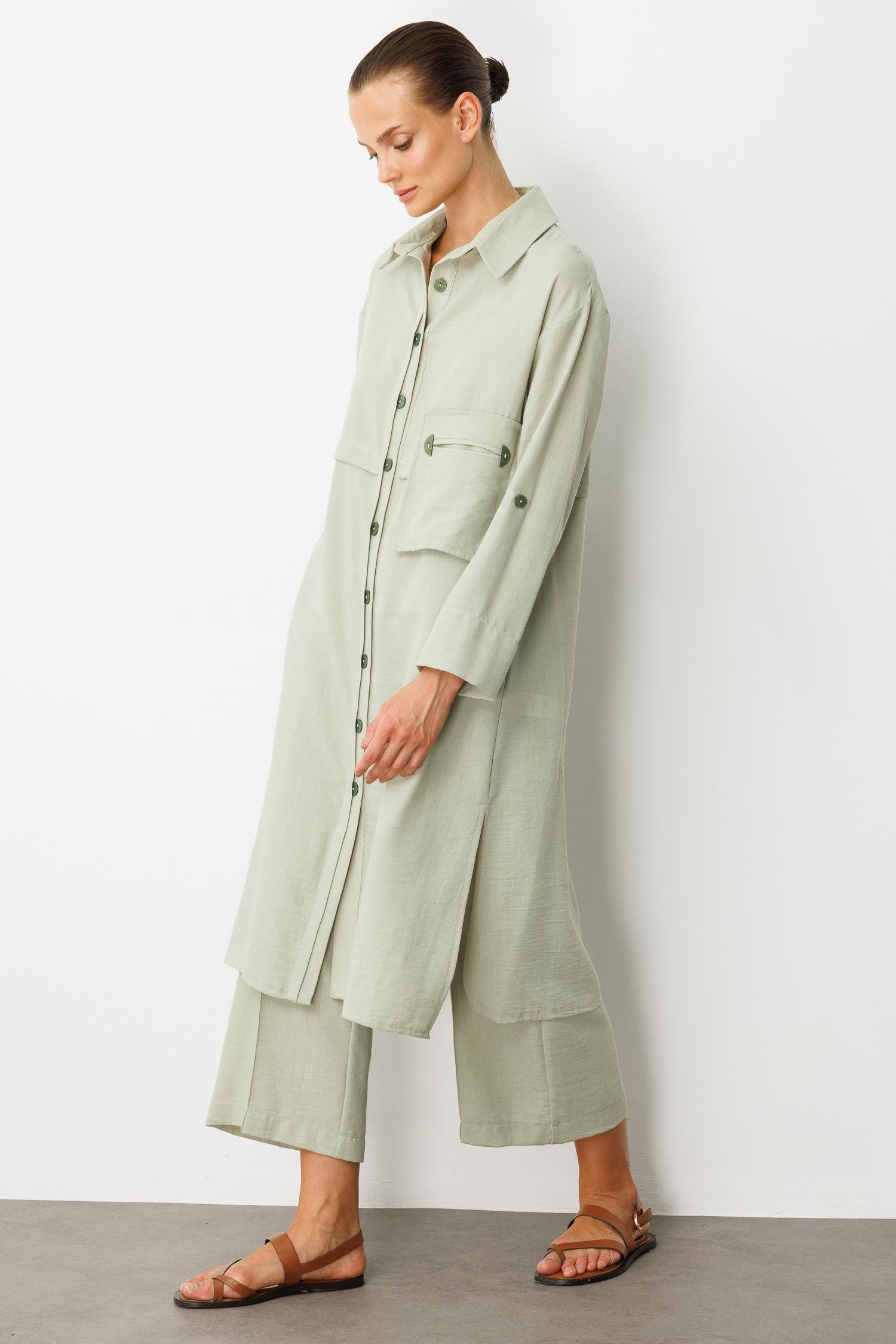 Tek Cep Keten Görünümlü Uzun Tunik-SU YEŞİLİ