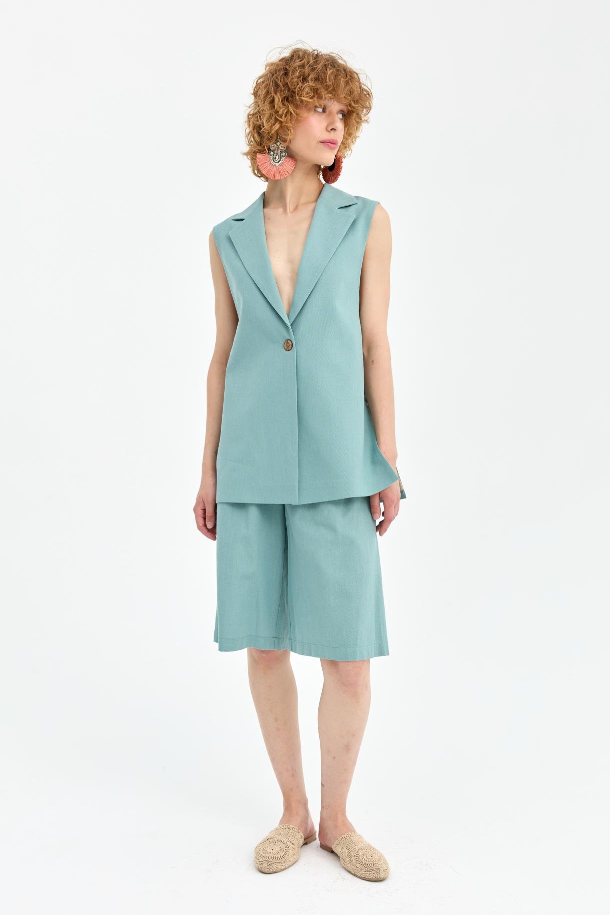 Tek Düğmeli ve Bel Bağlamalı Keten Yelek - MINT