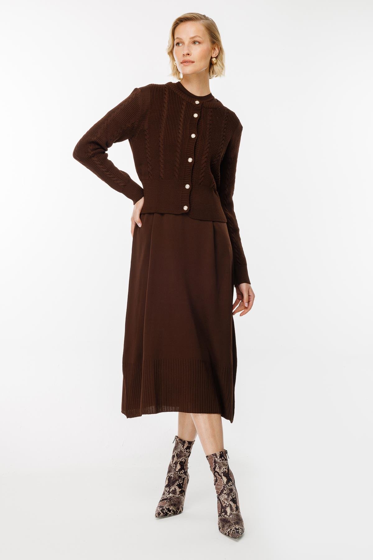 Triko Elbise ve Hırka İkili Takım - KAHVE