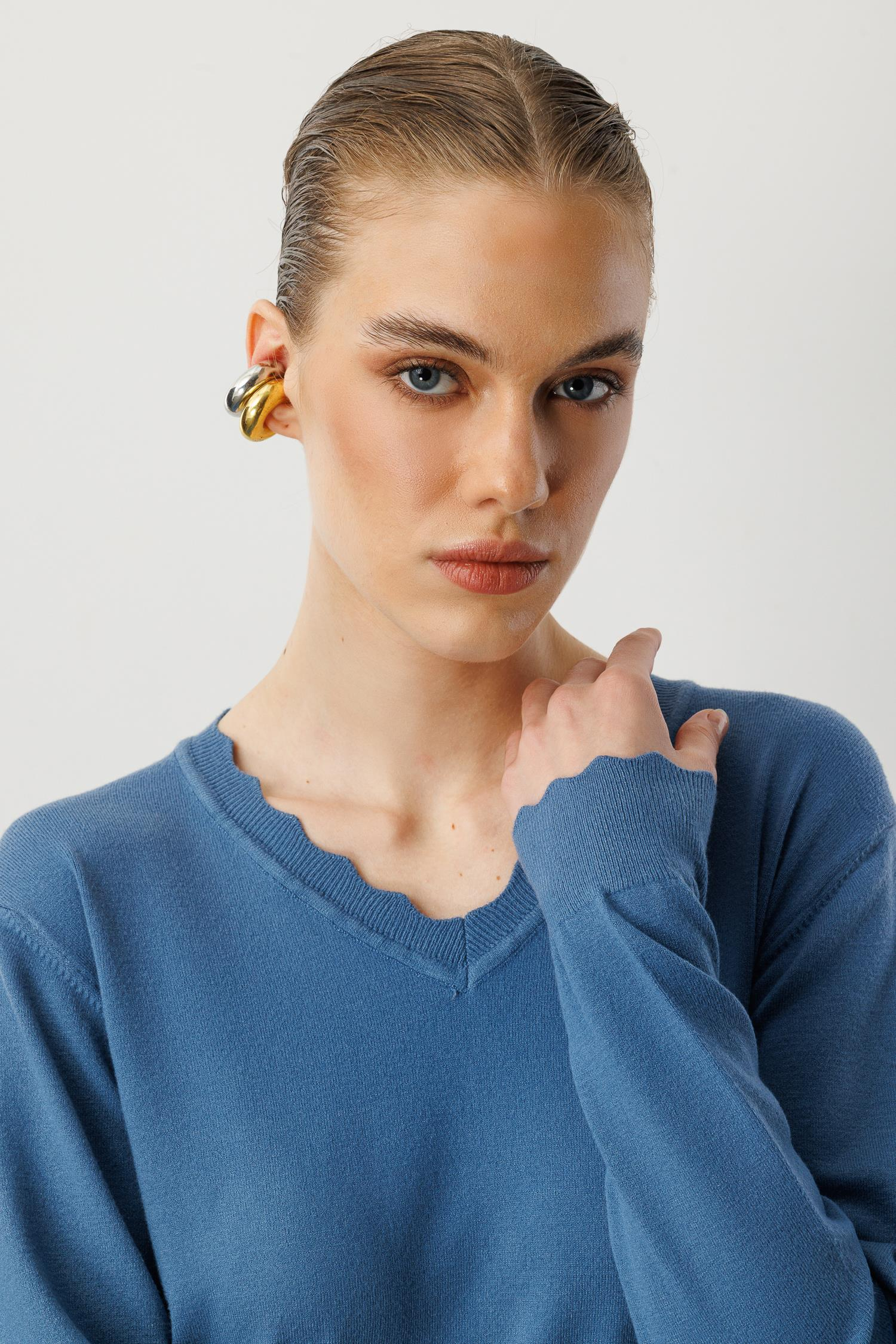 V yaka Angora Triko Kazak-İNDİGO