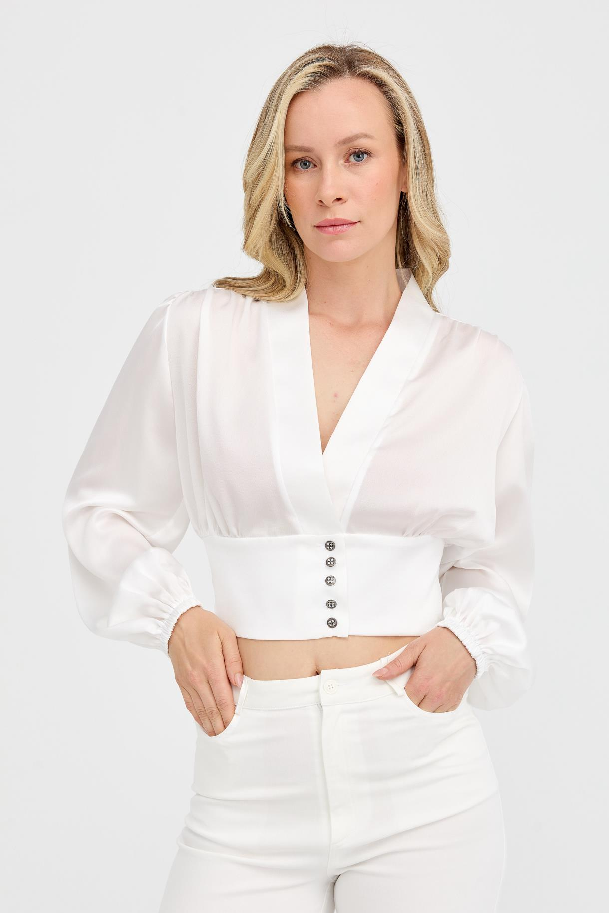 V Yaka Beli Korsajlı Saten Crop - KEMIK
