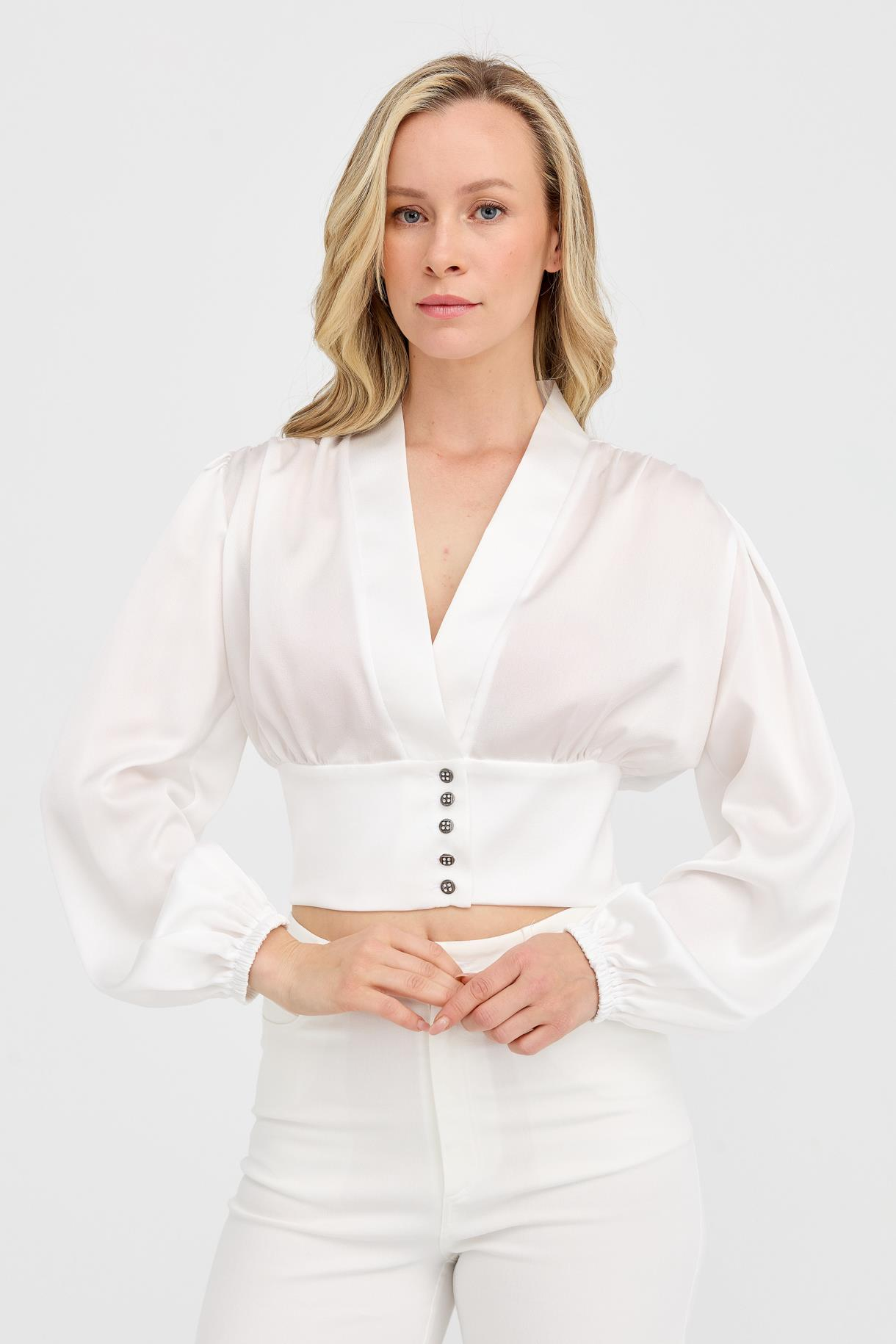 V Yaka Beli Korsajlı Saten Crop - KEMIK