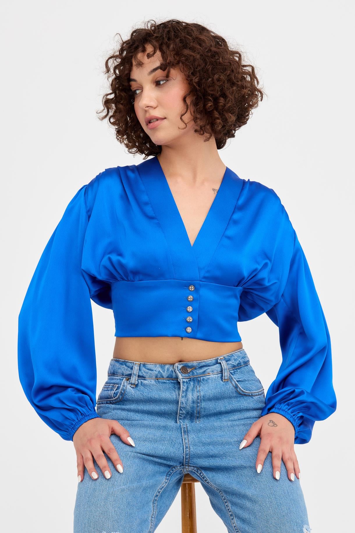 V Yaka Beli Korsajlı Saten Crop - SAX