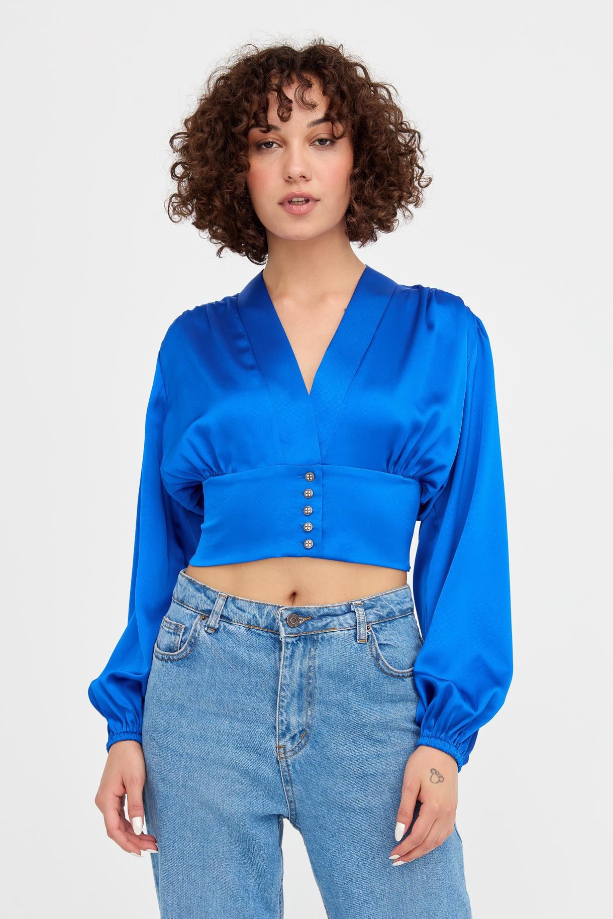 V Yaka Beli Korsajlı Saten Crop - SAX