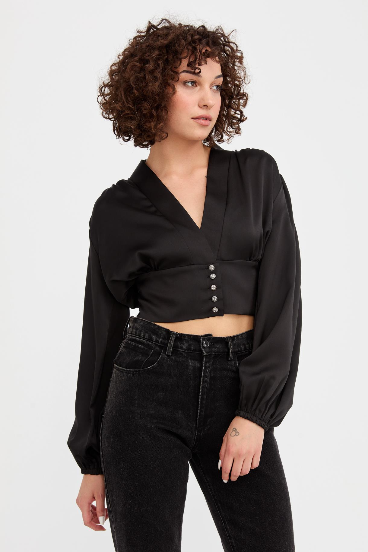 V Yaka Beli Korsajlı Saten Crop - SİYAH